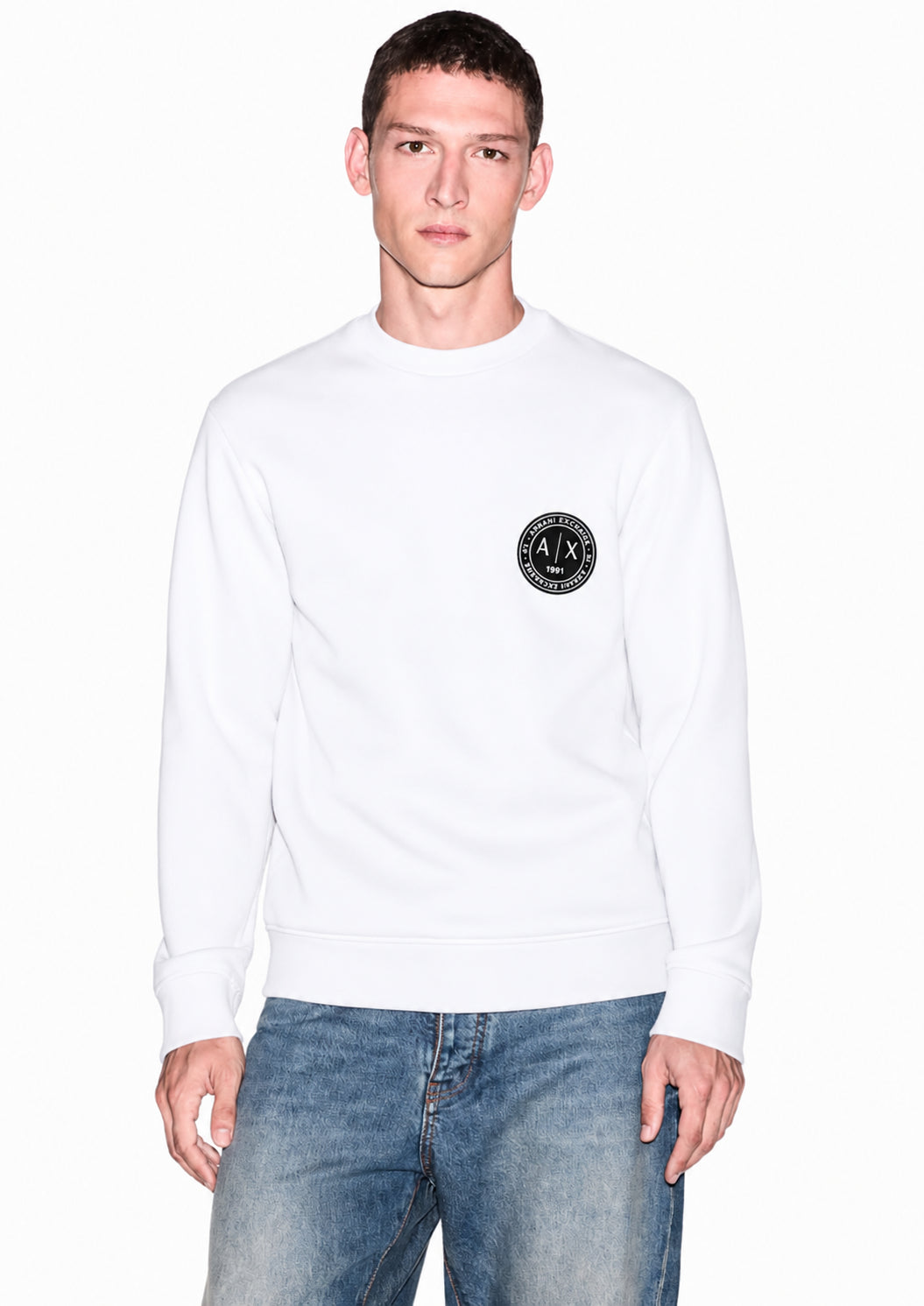 Felpa girocollo in piquet stretch con patch logo circolare Bianca XM002929 AF16222 U0007 ARMANI EXCHANGE
