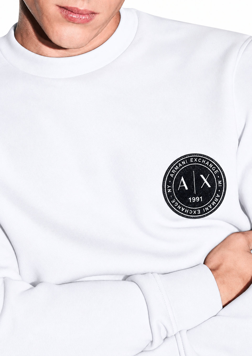 Felpa girocollo in piquet stretch con patch logo circolare Bianca XM002929 AF16222 U0007 ARMANI EXCHANGE