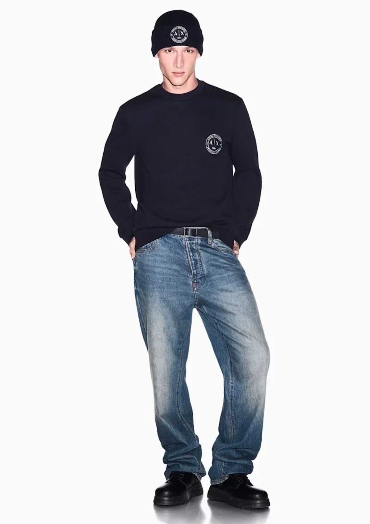 Felpa girocollo in piquet stretch con patch logo circolare Deep Navy XM002929 AF16222 UB101 ARMANI EXCHANGE
