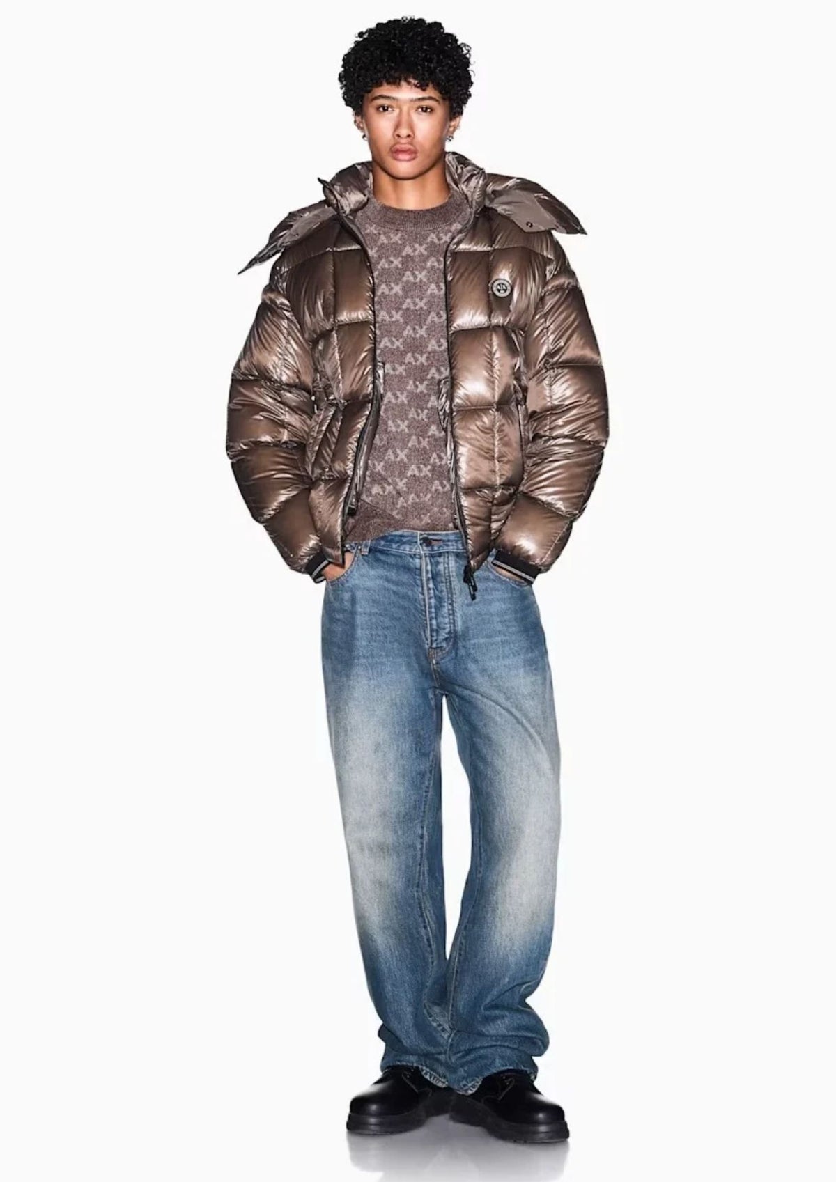 Pullover girocollo con logo all over e bordi a costine Beige Falcon XM002992 AF16916 F6236 ARMANI EXCHANGE