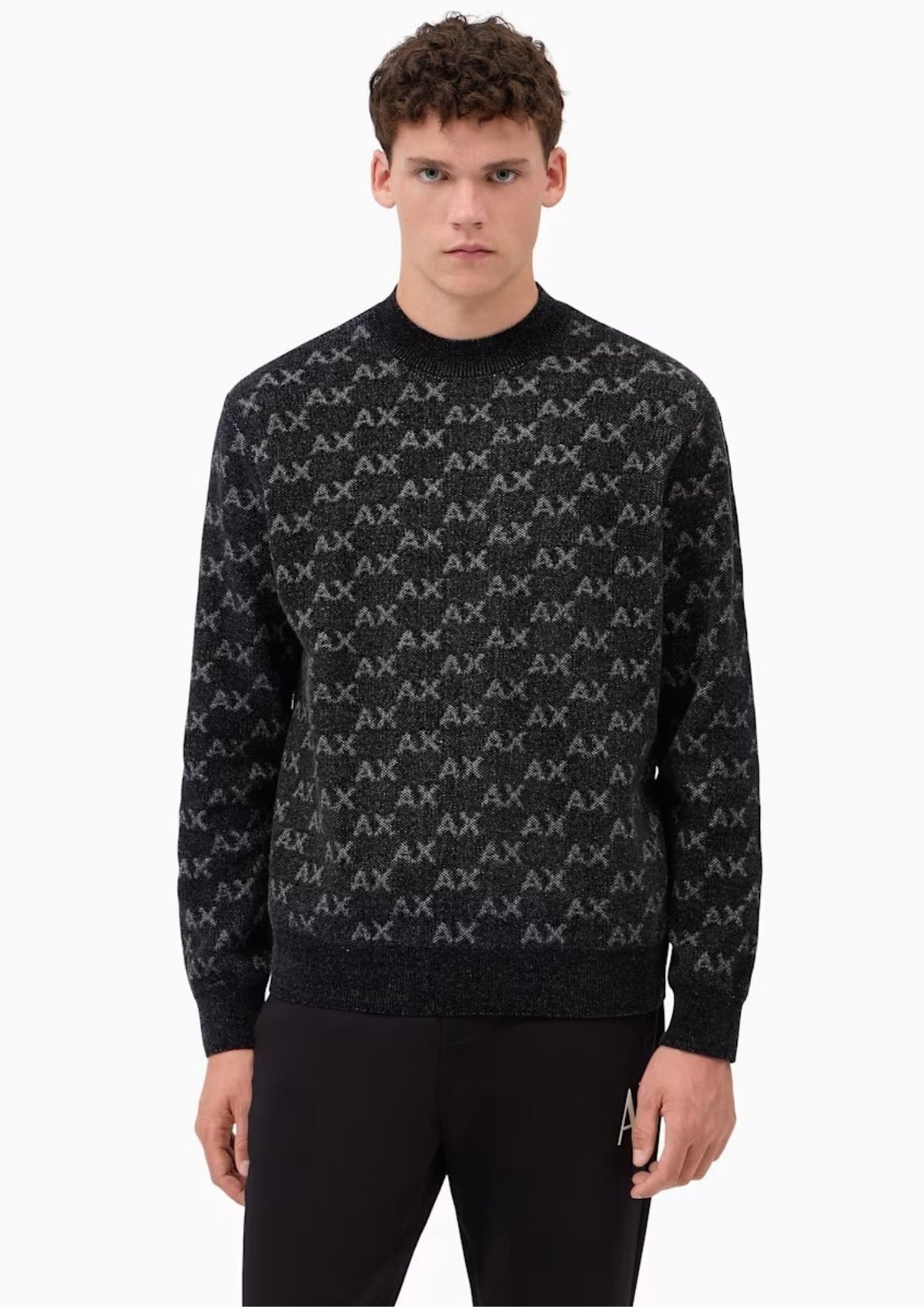 Pullover girocollo con logo all over e bordi a costine Nero XM002992 AF16916 FC356 ARMANI EXCHANGE