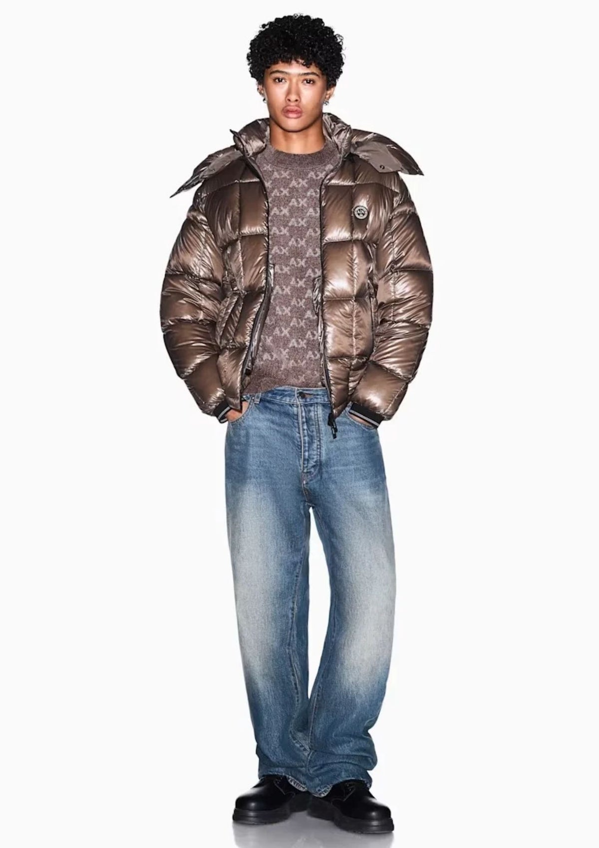Piumino lucido con cappuccio e imbottitura in piuma d'anatra Falcon XM003344 AF23755 U6125 ARMANI EXCHANGE