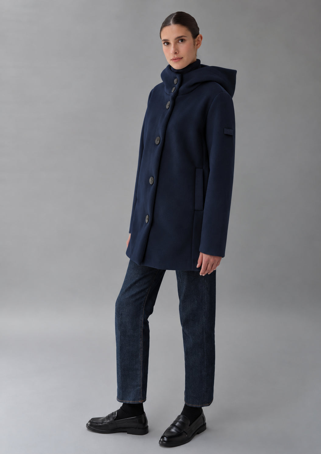 Capospalla realizzato in velluto liscio stretch Amelia 26 Blu Navy RIW570J F0012 888 RIHUNIK