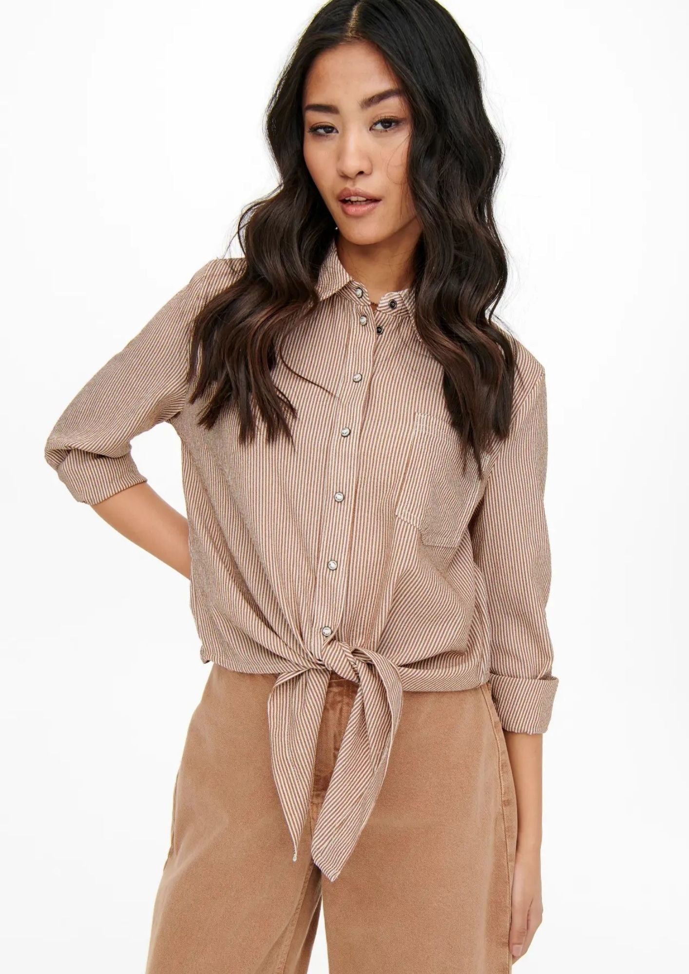 Only Camicia Donna Lecey Marrone Linee Bianche 15195910 Toasted Coconut ONLY