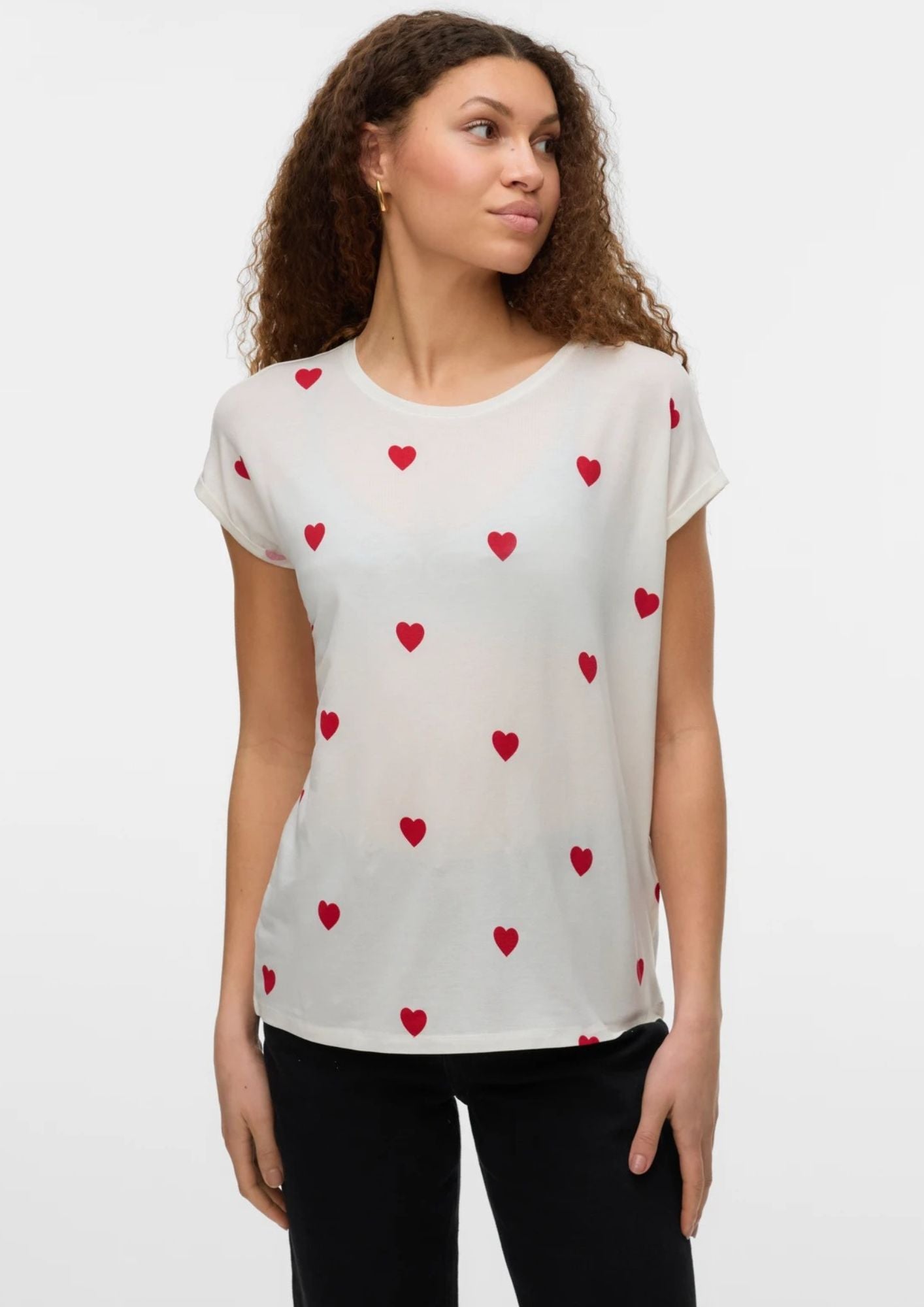 Vero Moda T-Shirt Donna Ava Bianca Cuori Rossi 10214302 Snow White RED SALSA VERO MODA