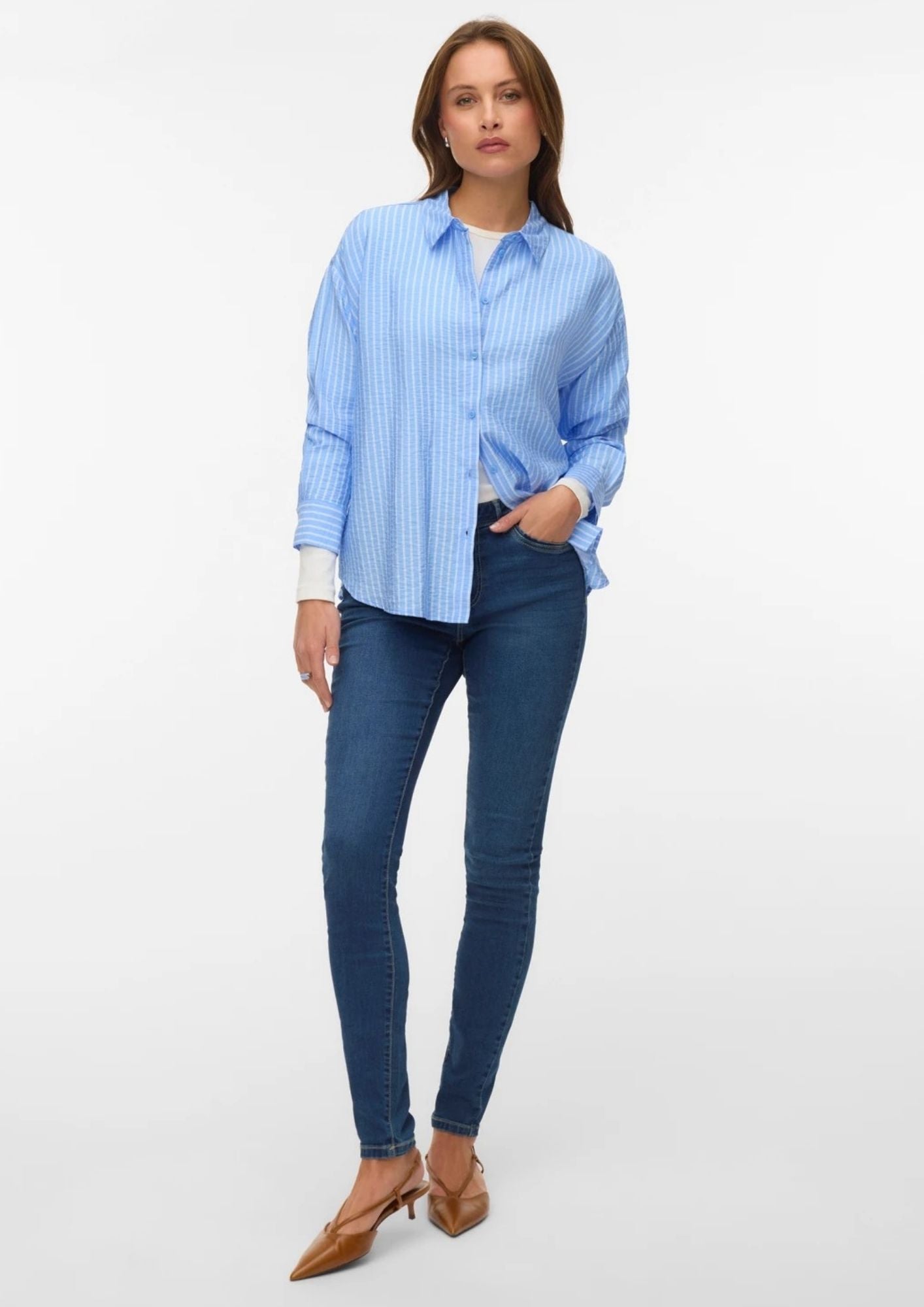Vero Moda Camicia Donna Kaja Blue Sandra Linee Bianche 10340687 Vista Blue Sandra VERO MODA