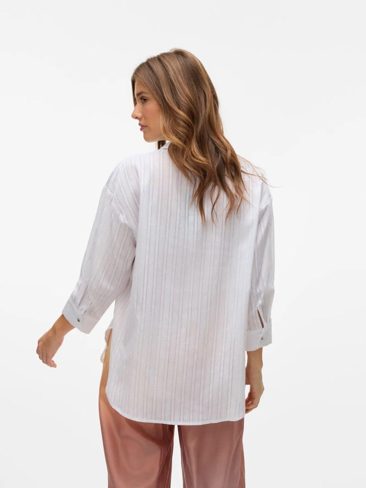 Vero Moda Camicia Donna Olla Maniche 3/4 Bright White Con Filo Lurex Argento 10329382 Bright White VERO MODA