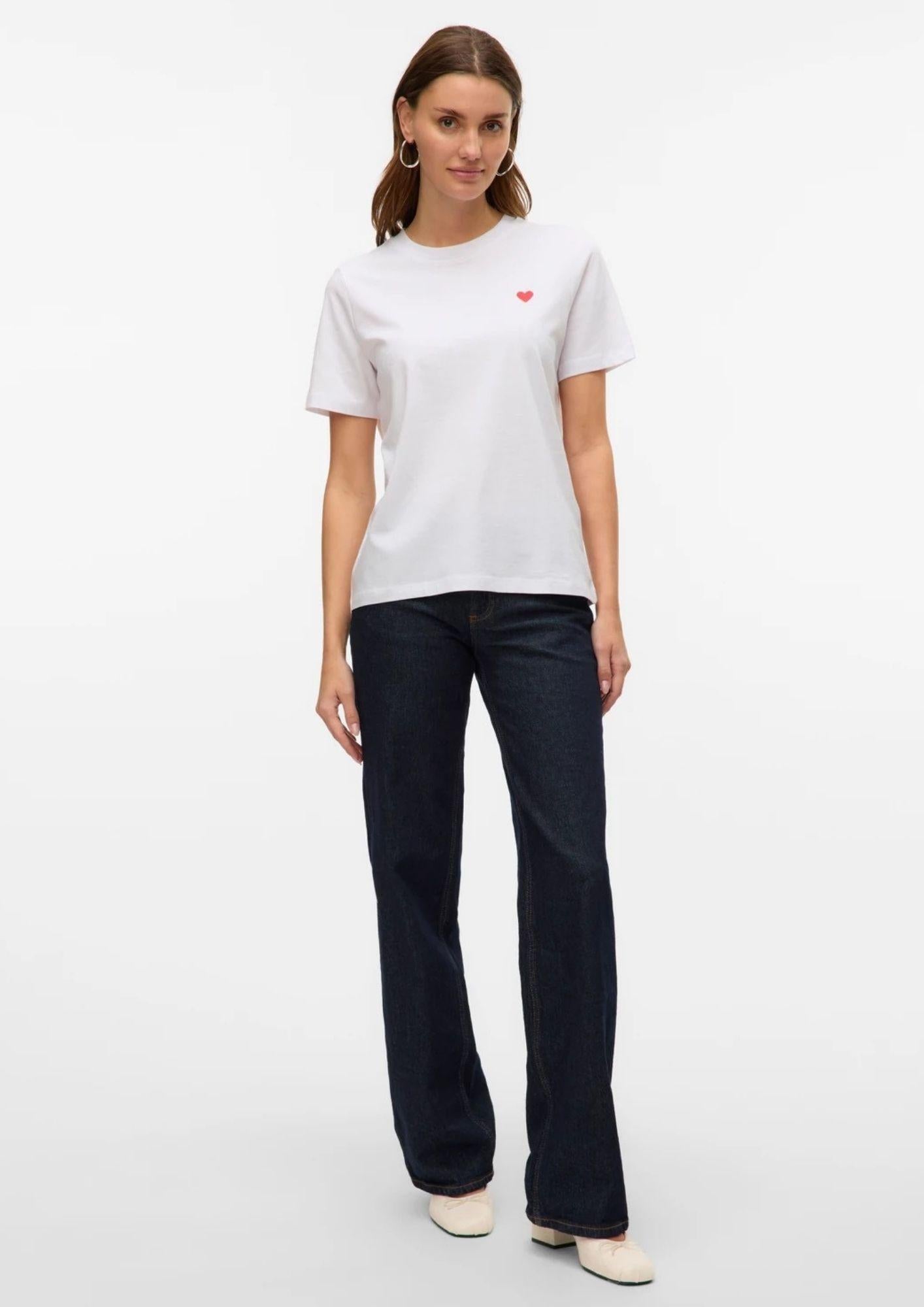 Vero Moda T-Shirt Donna Paulina Bianca Con Cuore Rosso 10316991 Bright White Red Heart VERO MODA