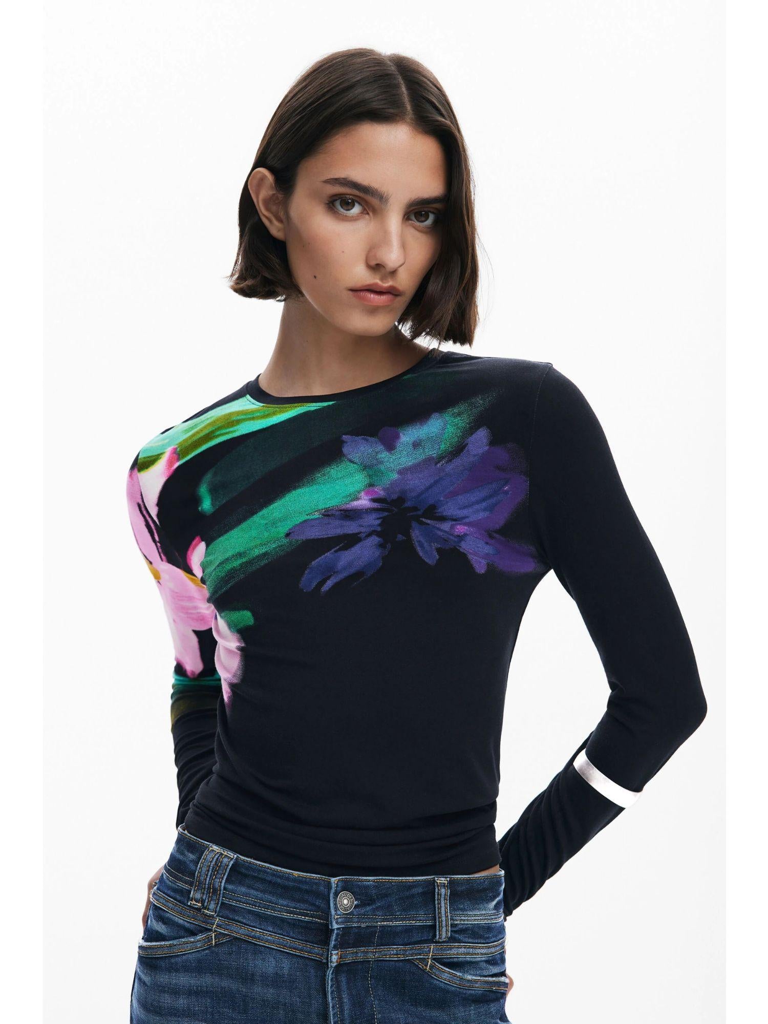 Desigual Maglietta a maniche lunghe con fiori Donna Nero 25WWTK32 2000 DESIGUAL