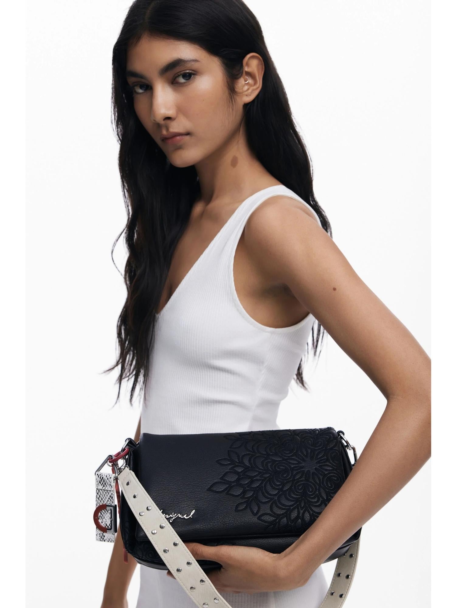 Desigual Borsa a tracolla effetto pelle ricamata media Donna Nero 25WAXPBD 2000 DESIGUAL