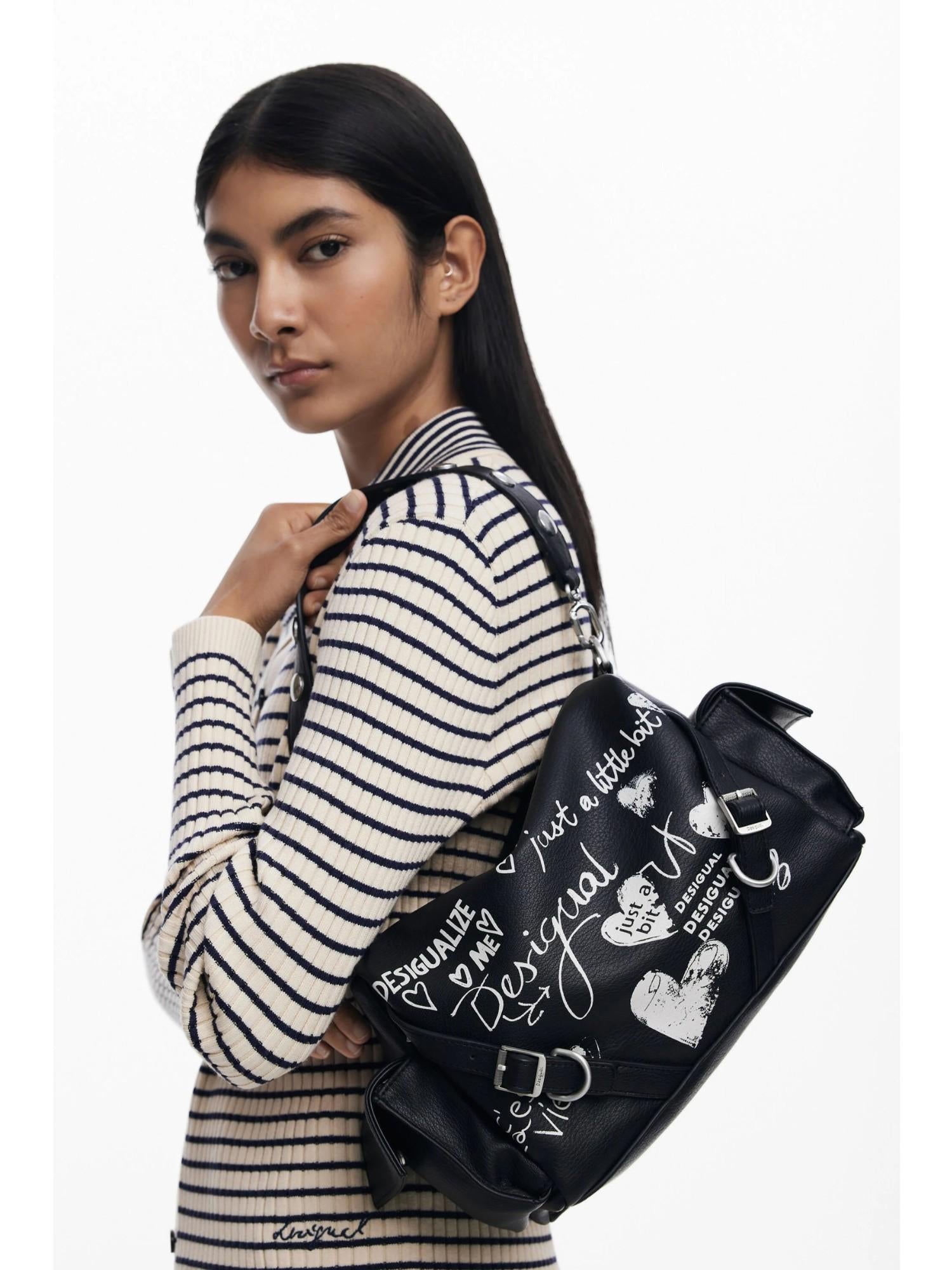 Desigual Borsa bowling effetto pelle lettere media Donna Nero 25WAXPA6 2000 DESIGUAL