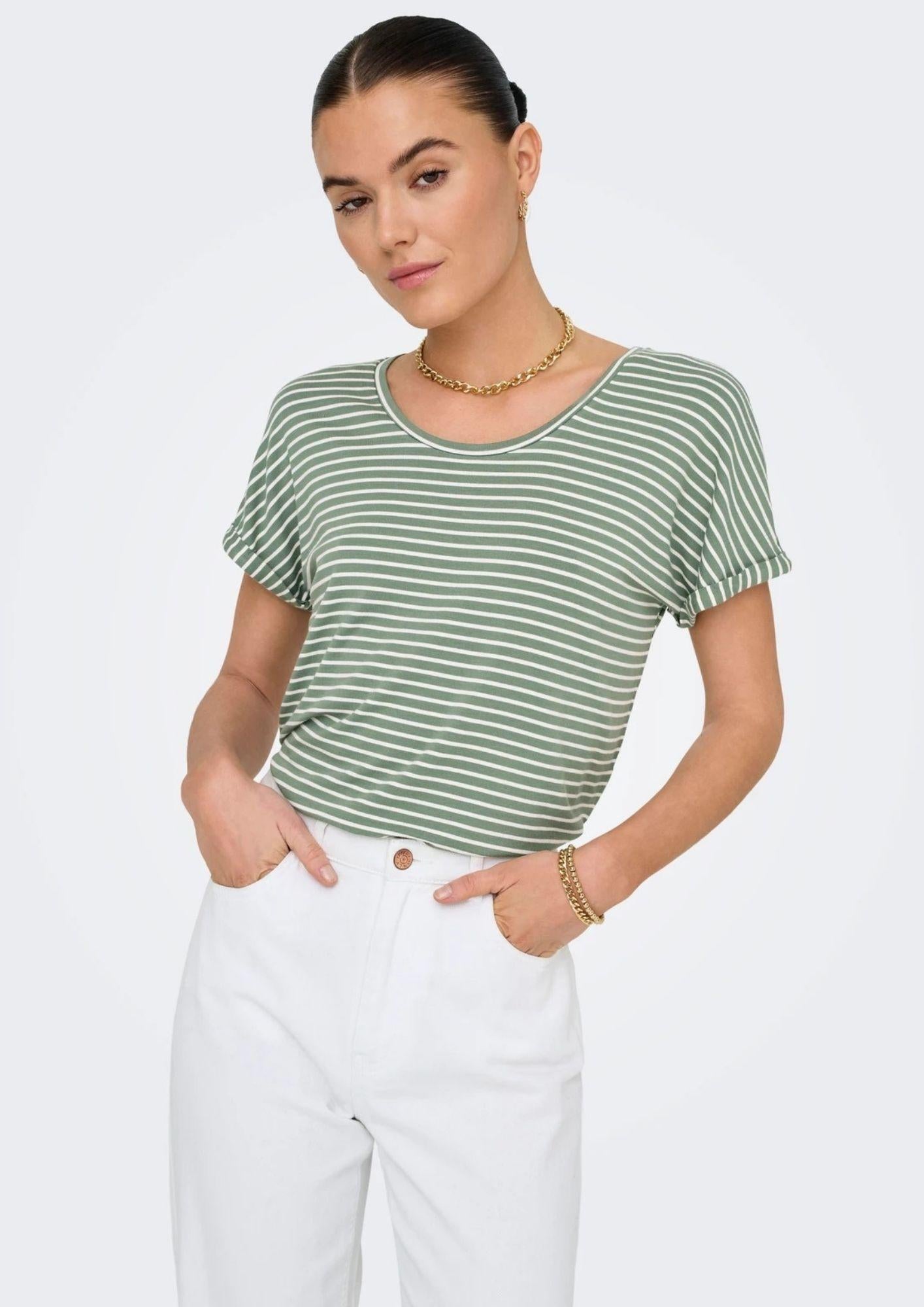 Jacqueline De Yong Top Donna Sissi Bianco e Verde 15325267 Sea Spray CLOUD DANCER JACQUELINE DE YONG
