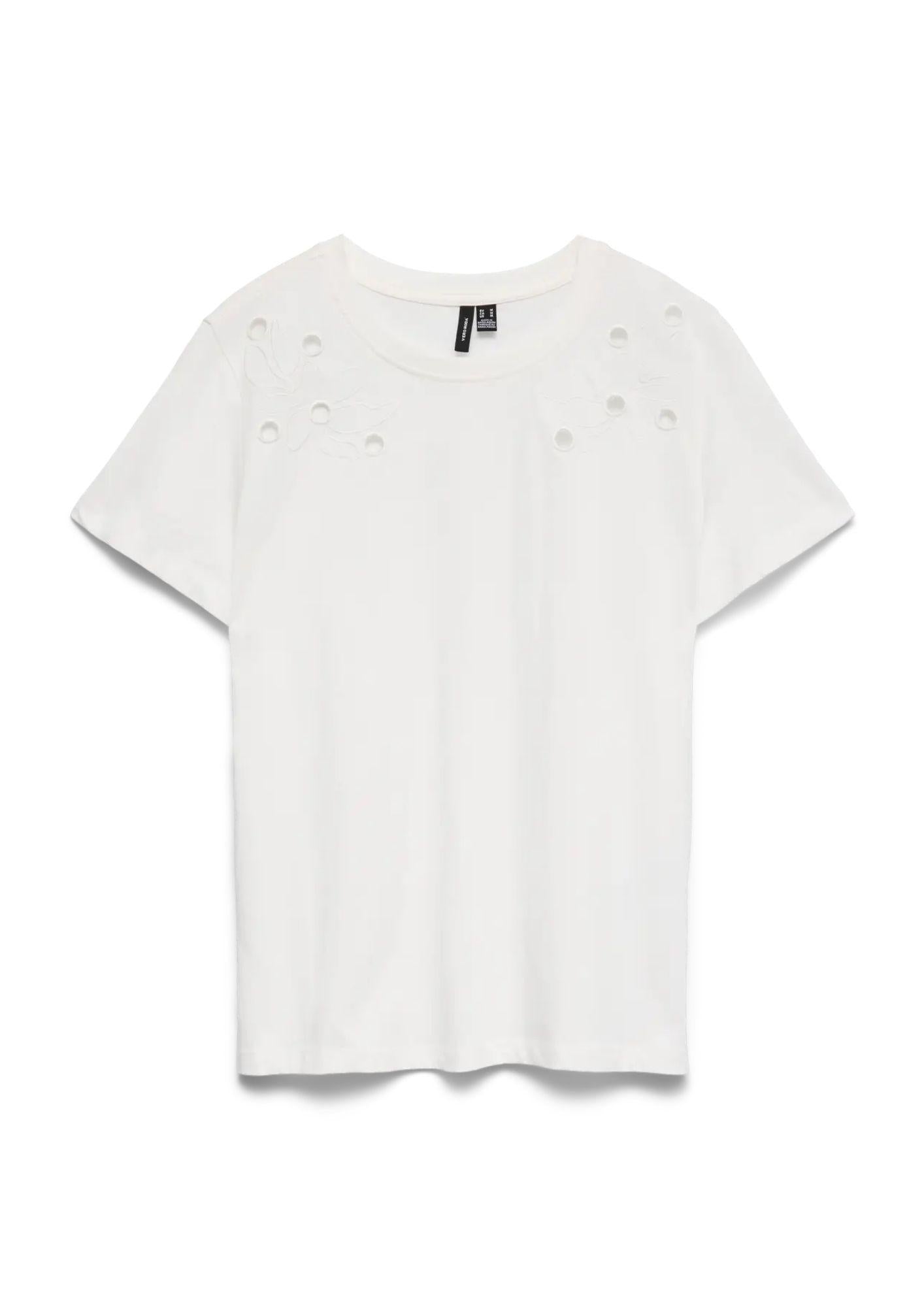 Vero Moda T-Shirt Donna Mirania Bianca 10343538 Snow White NECK BRODERIE VERO MODA