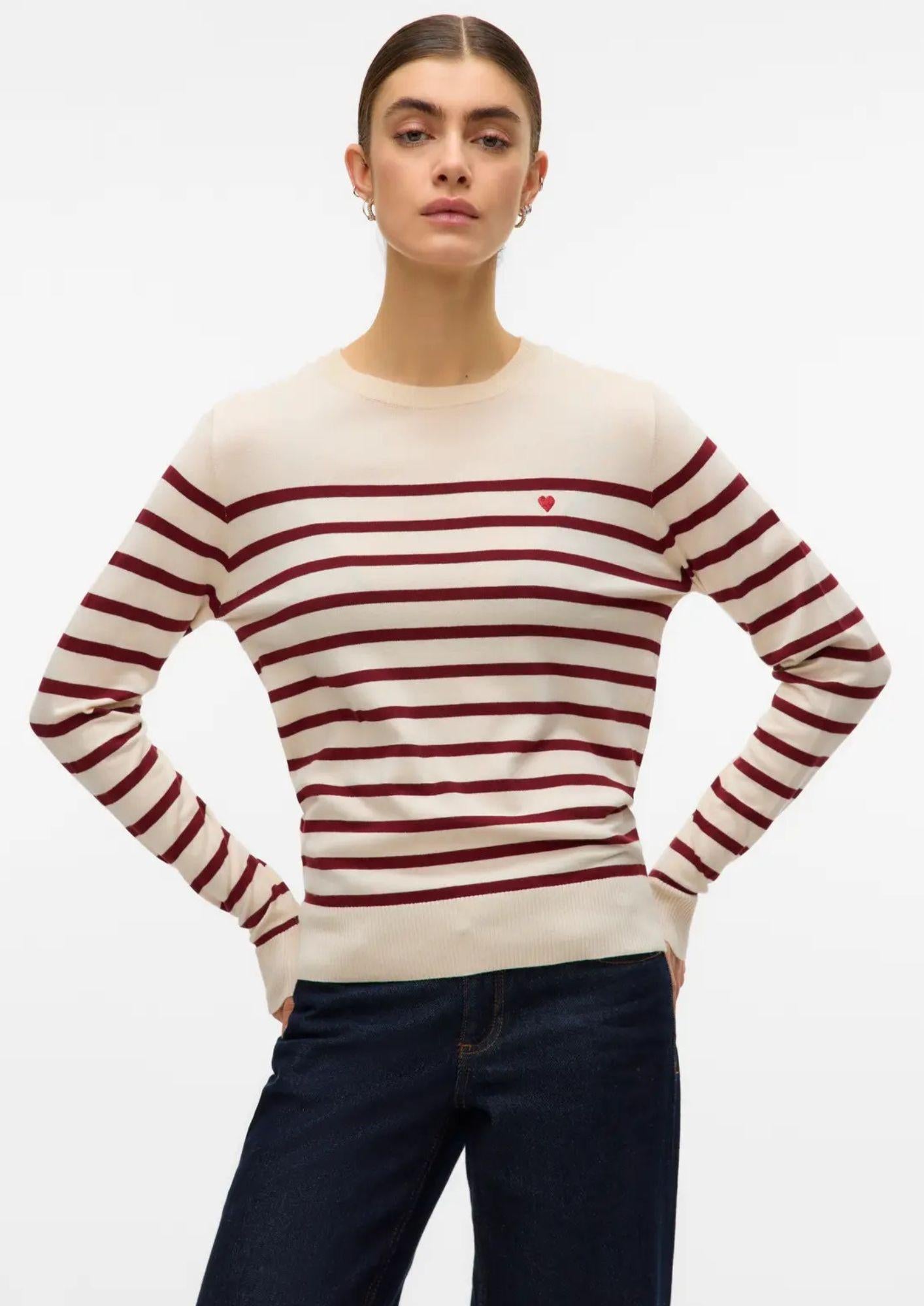 Vero Moda Pullover Donna Dory Beige e Bordeaux 10331420 Birch W. SYRAH STRIPE VERO MODA
