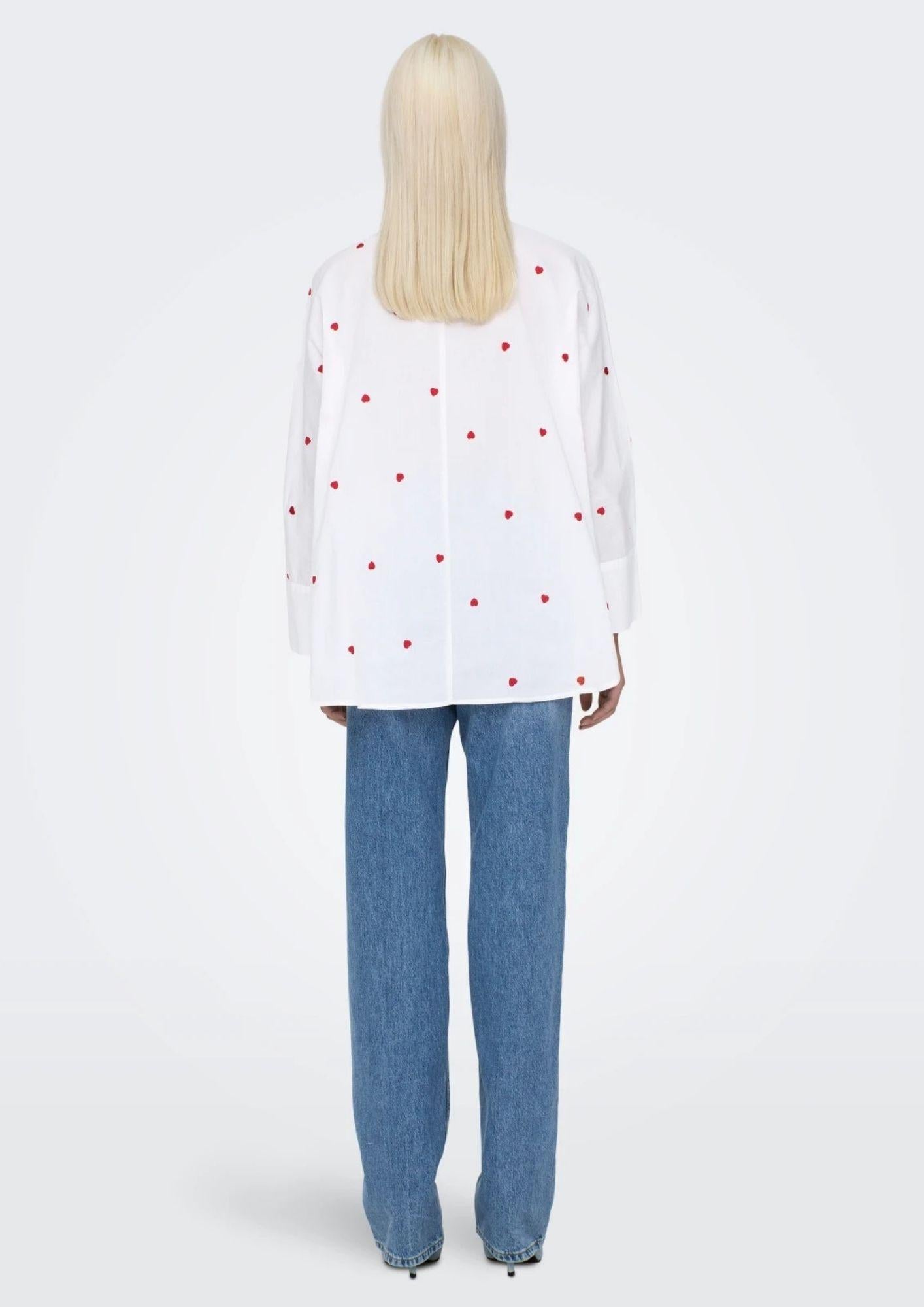 Only Camicia Donna New Bianca Cuori Rossi 15283743 Bright White HEART ONLY