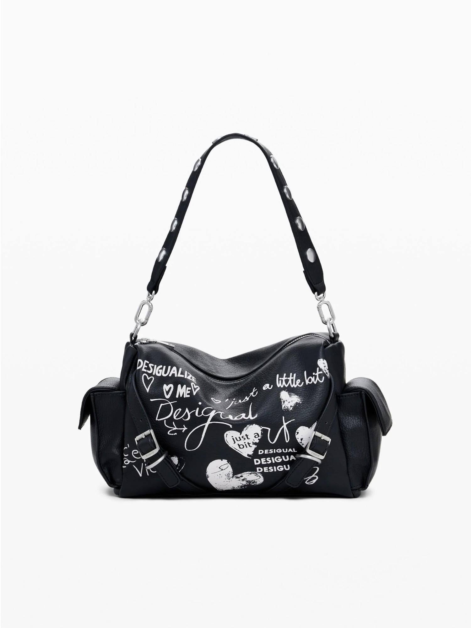 Desigual Borsa bowling effetto pelle lettere media Donna Nero 25WAXPA6 2000 DESIGUAL