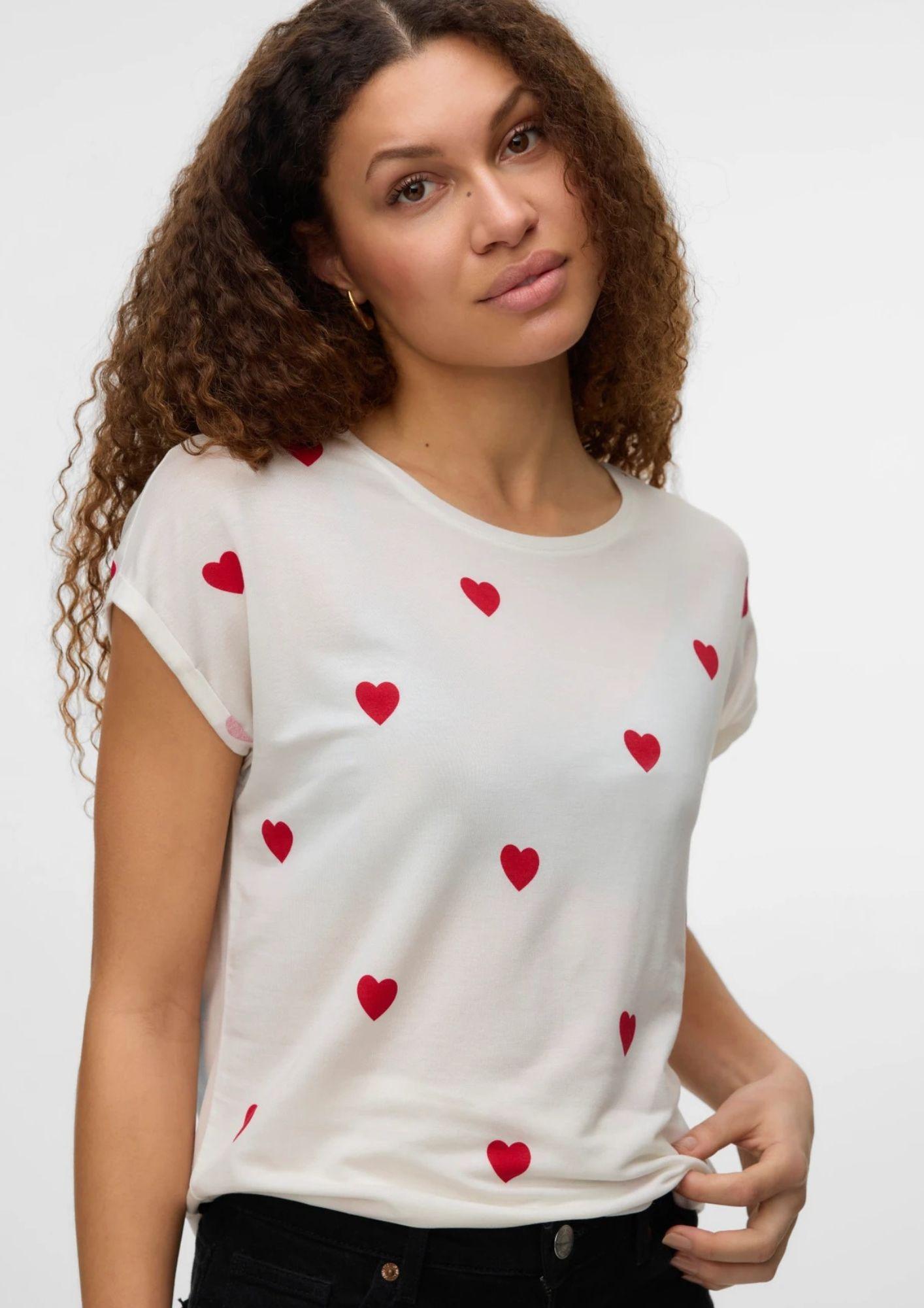Vero Moda T-Shirt Donna Ava Bianca Cuori Rossi 10214302 Snow White RED SALSA VERO MODA