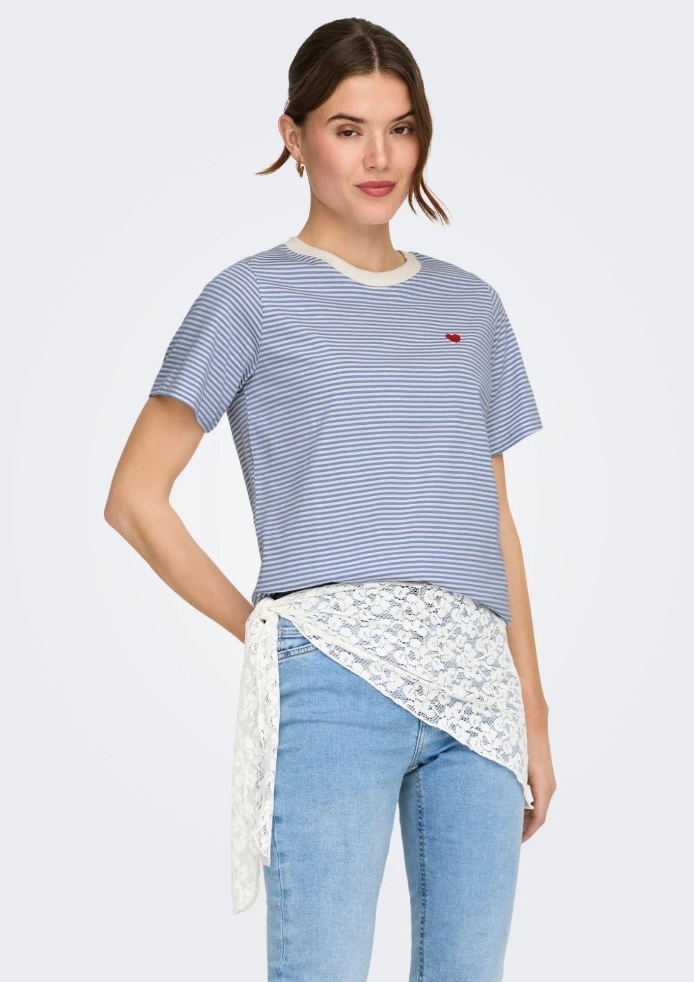 Jacqueline De Yong T-Shirt Donna Pisa Azzurra e Bianca 15298612 Ebb And Flow CD STRIPES JACQUELINE DE YONG