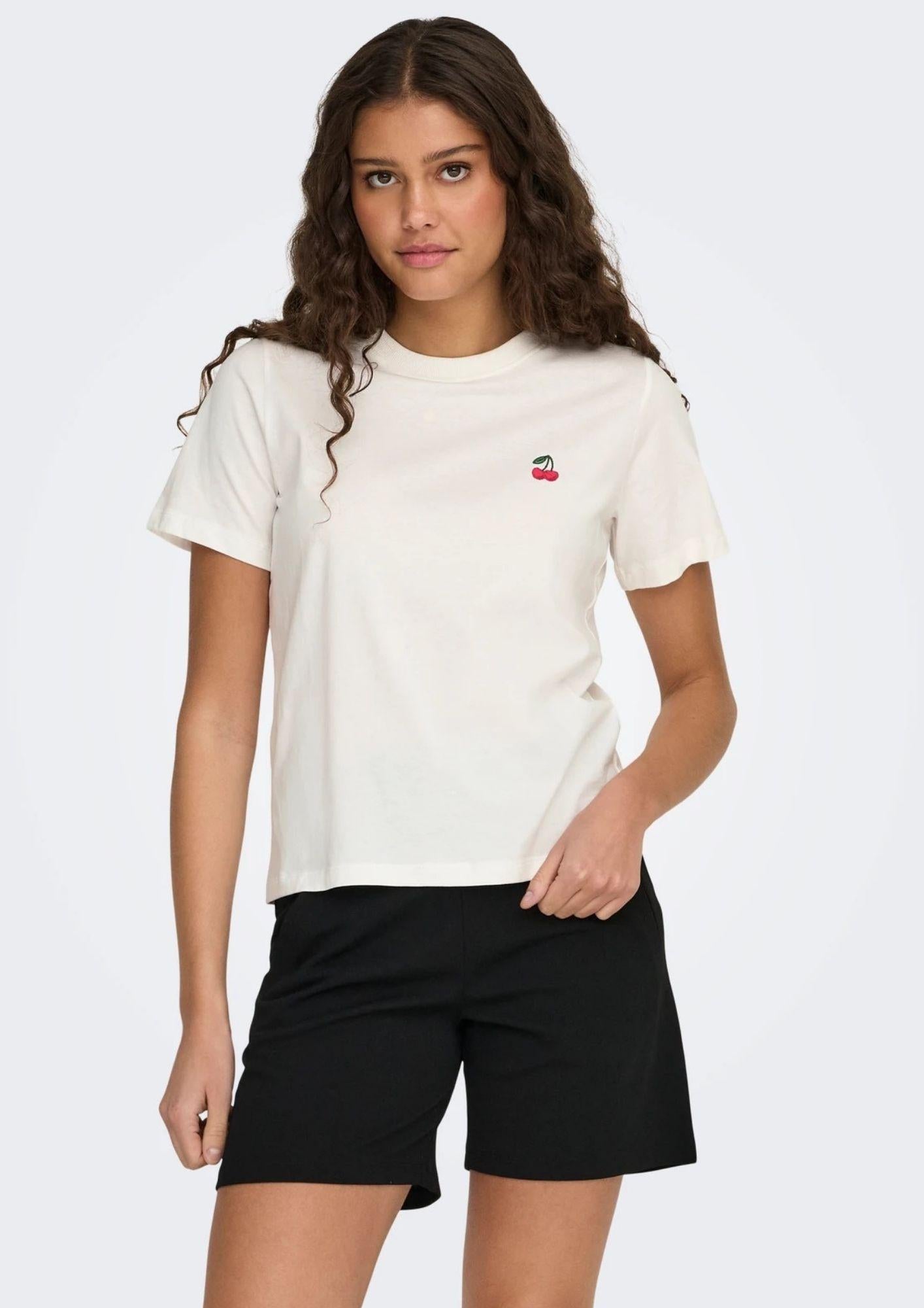 Jacqueline De Yong T-Shirt Donna Pisa Bianca con Ciliegia 15298612 Cloud Dancer CHERRY JACQUELINE DE YONG