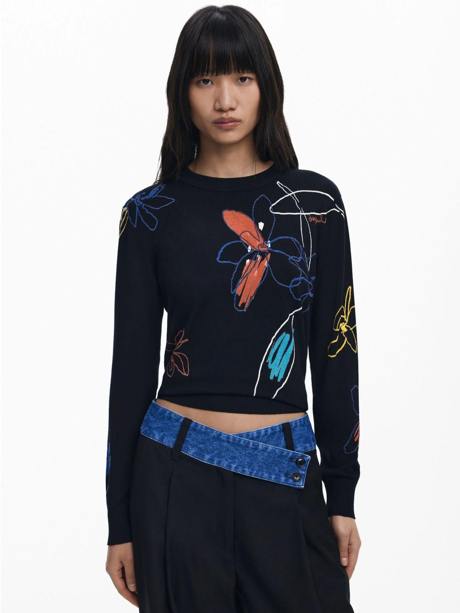 Desigual Maglione leggero con tratti floreali Donna Nero 25WWJF33 2000 DESIGUAL