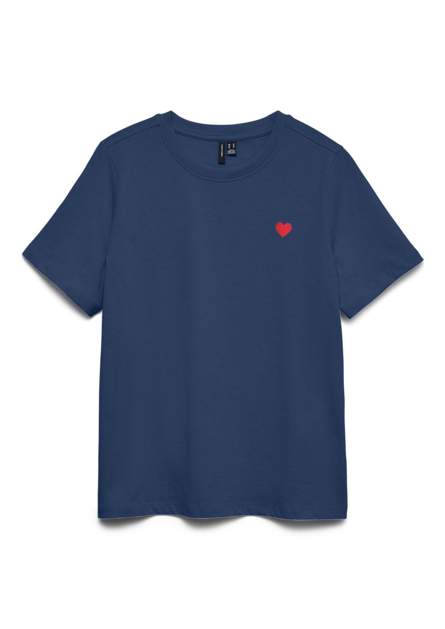 Vero Moda T-Shirt Donna Paulina Blu Denim Con Cuore Rosso 10316991 Dark Denim Red Heart VERO MODA