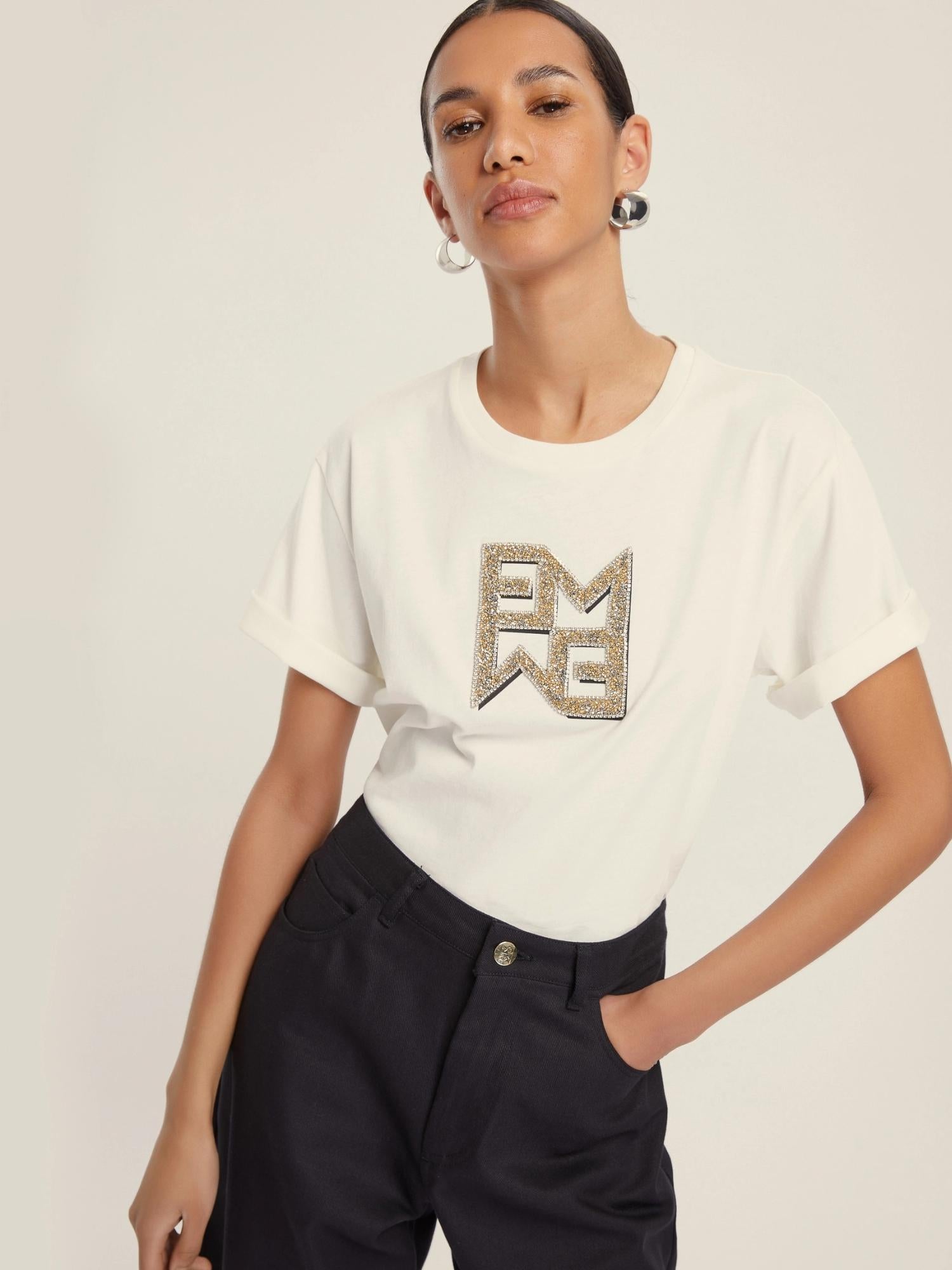 Emme Marella T-shirt Donna in jersey con cristalli Micaelabis Panna Oro 2525976021200 008 EMME MARELLA