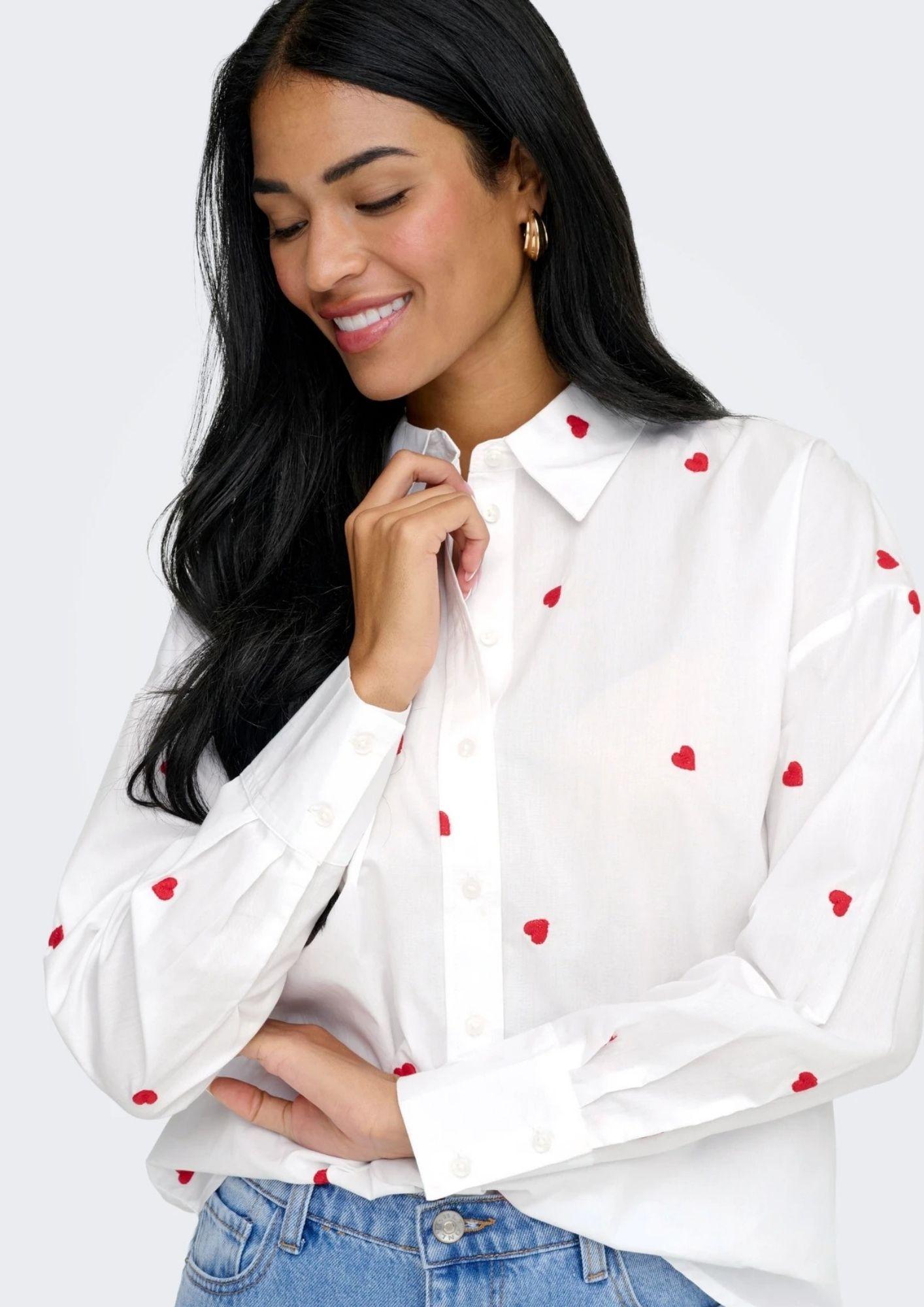 Jacqueline De Yong Camicia Donna Nelly Bianca Cuori Rossi 15330490 White HEART EMBROIDERY JACQUELINE DE YONG