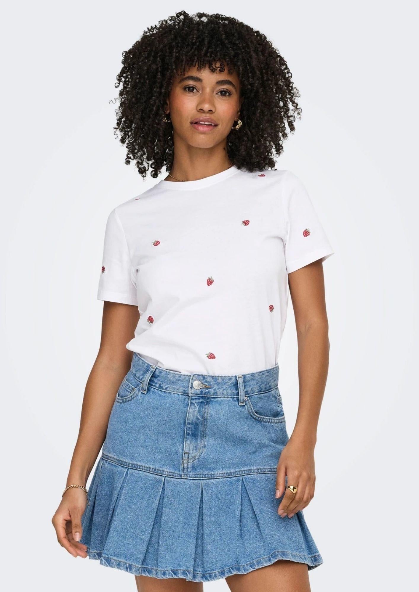 Only T-Shirt Donna Ketty Bianca con Fragole 15288473 Bright White Strawberry ONLY