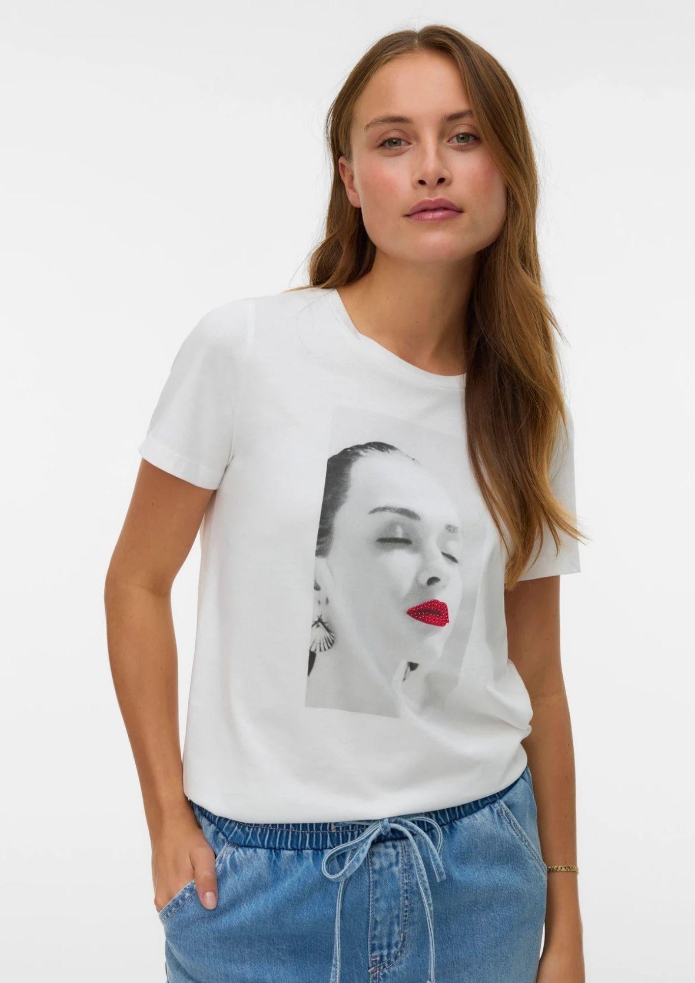 Vero Moda Top Donna Jamaica Bianco con Stampa Lips 10341639 Snow White LIPS RHINESTONES VERO MODA