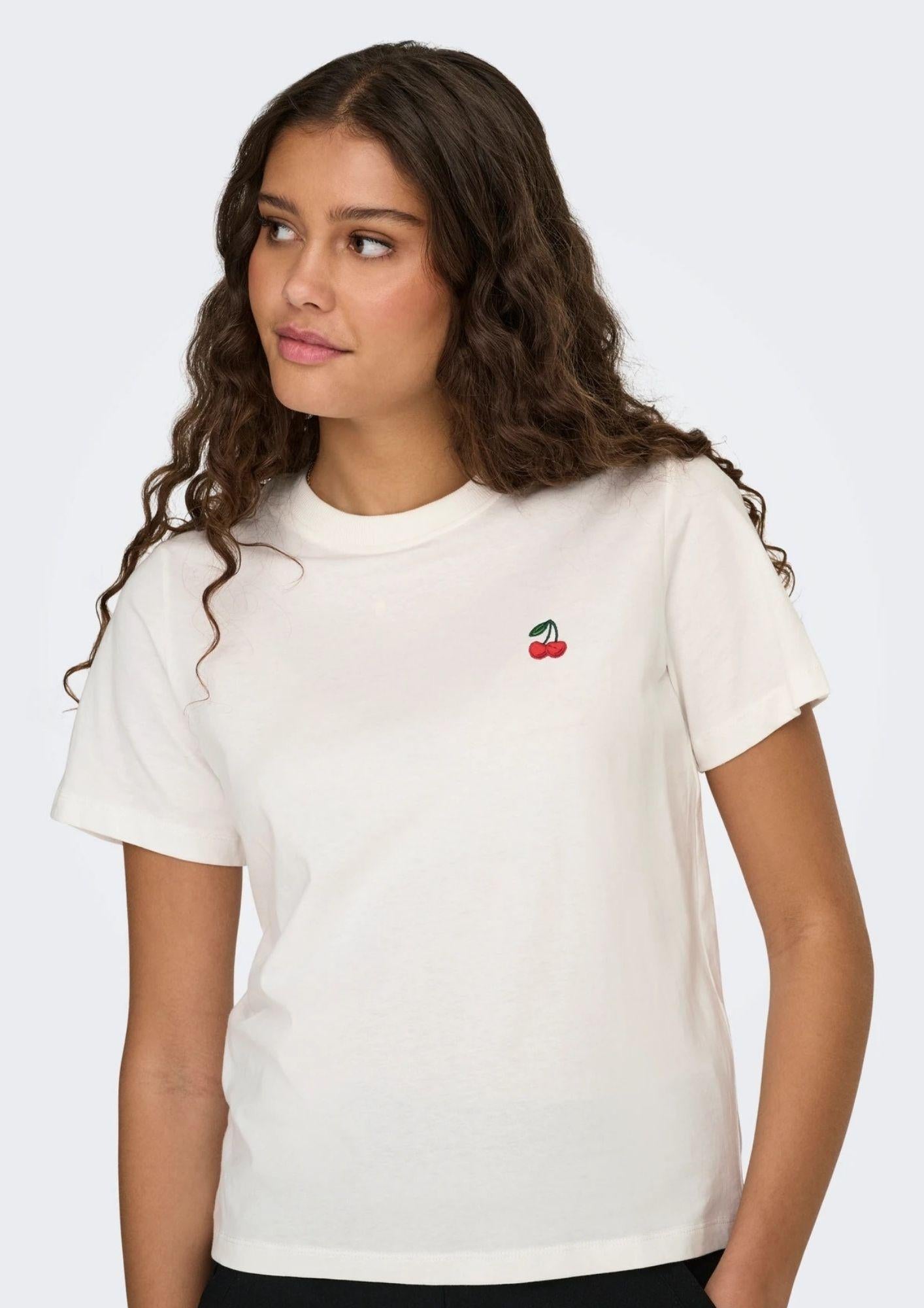 Jacqueline De Yong T-Shirt Donna Pisa Bianca con Ciliegia 15298612 Cloud Dancer CHERRY JACQUELINE DE YONG