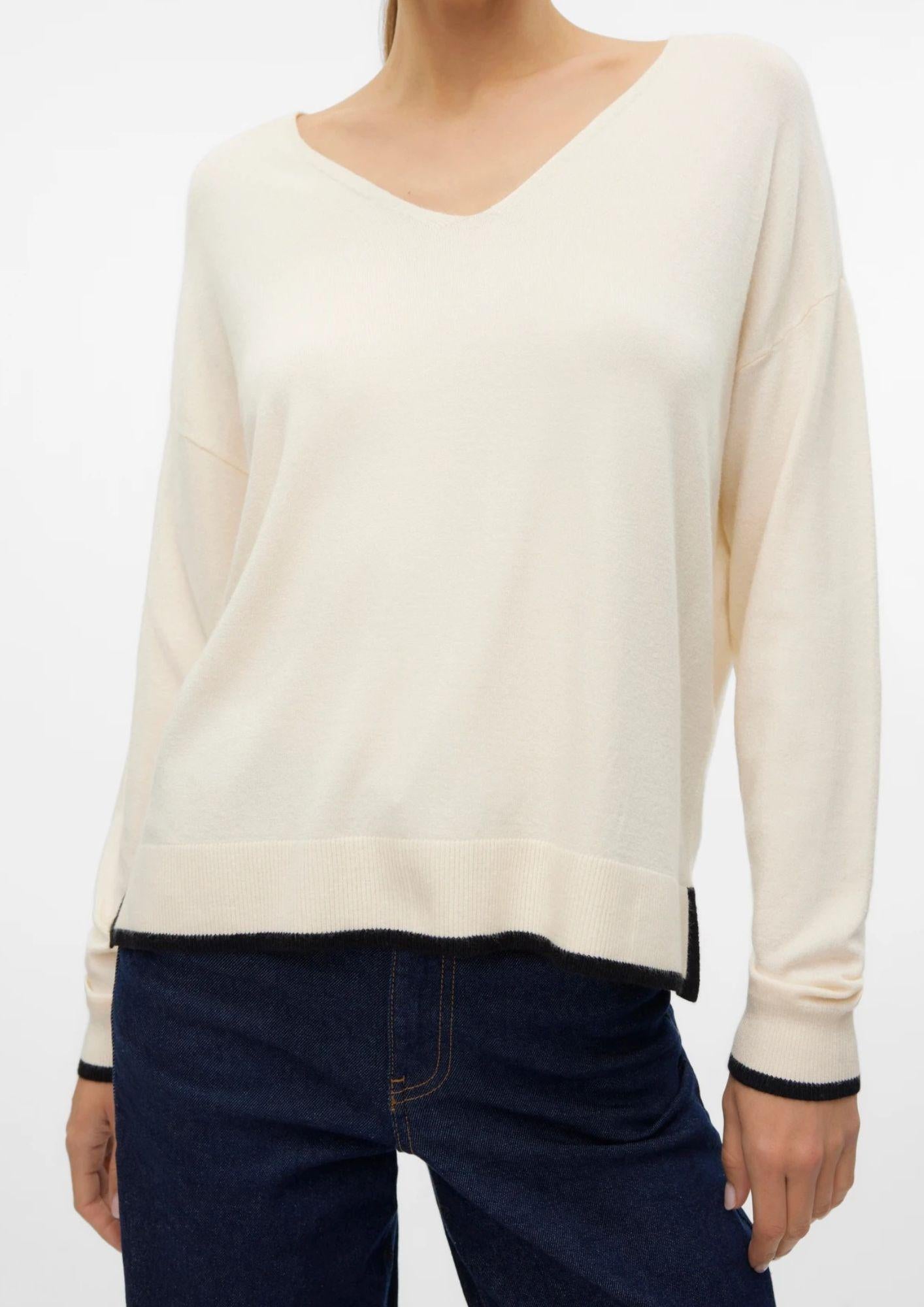 Vero Moda Maglione Donna Breeze Bianco Panna Con Dettagli Neri 10311090 Birch W. BLACK CONTRAST VERO MODA