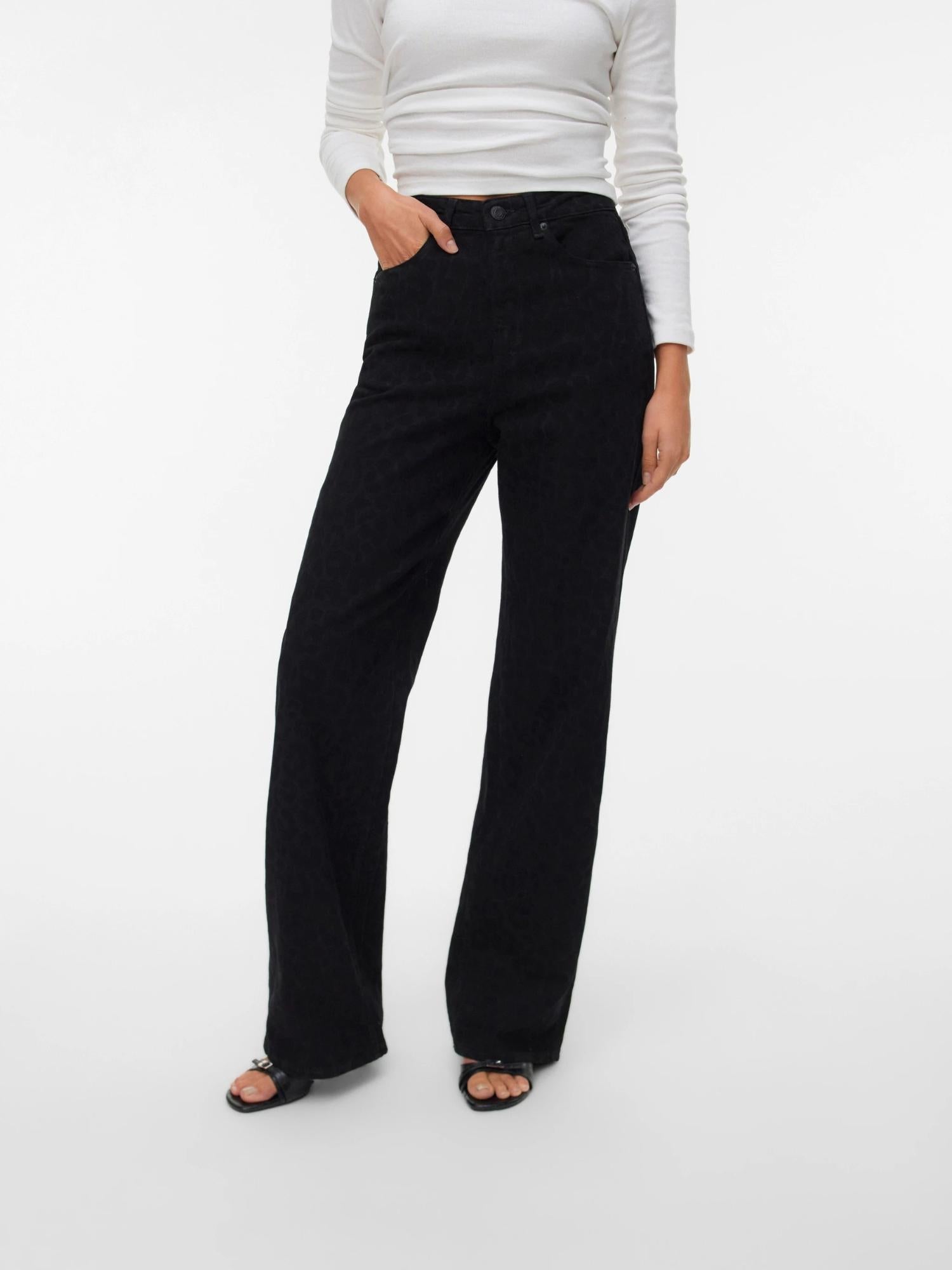 Vero Moda Jeans Donna Tessa A Vita Alta Wide Leg Fit Black Denim Leopard 10336058 Black VERO MODA