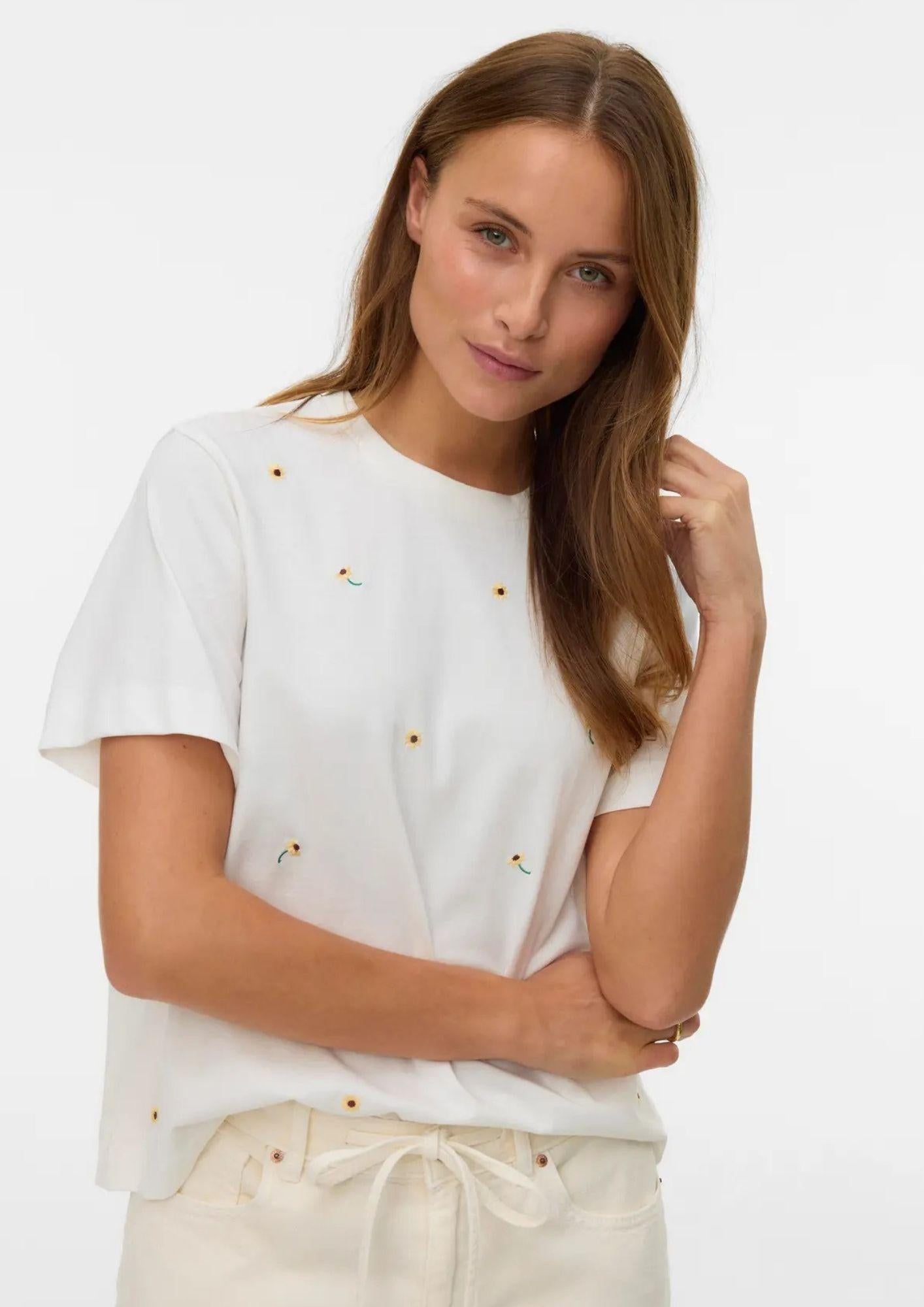 Vero Moda T-Shirt Donna Sola Bianca Stampa Sunflower 10341979 Snow White SUNFLOWER VERO MODA
