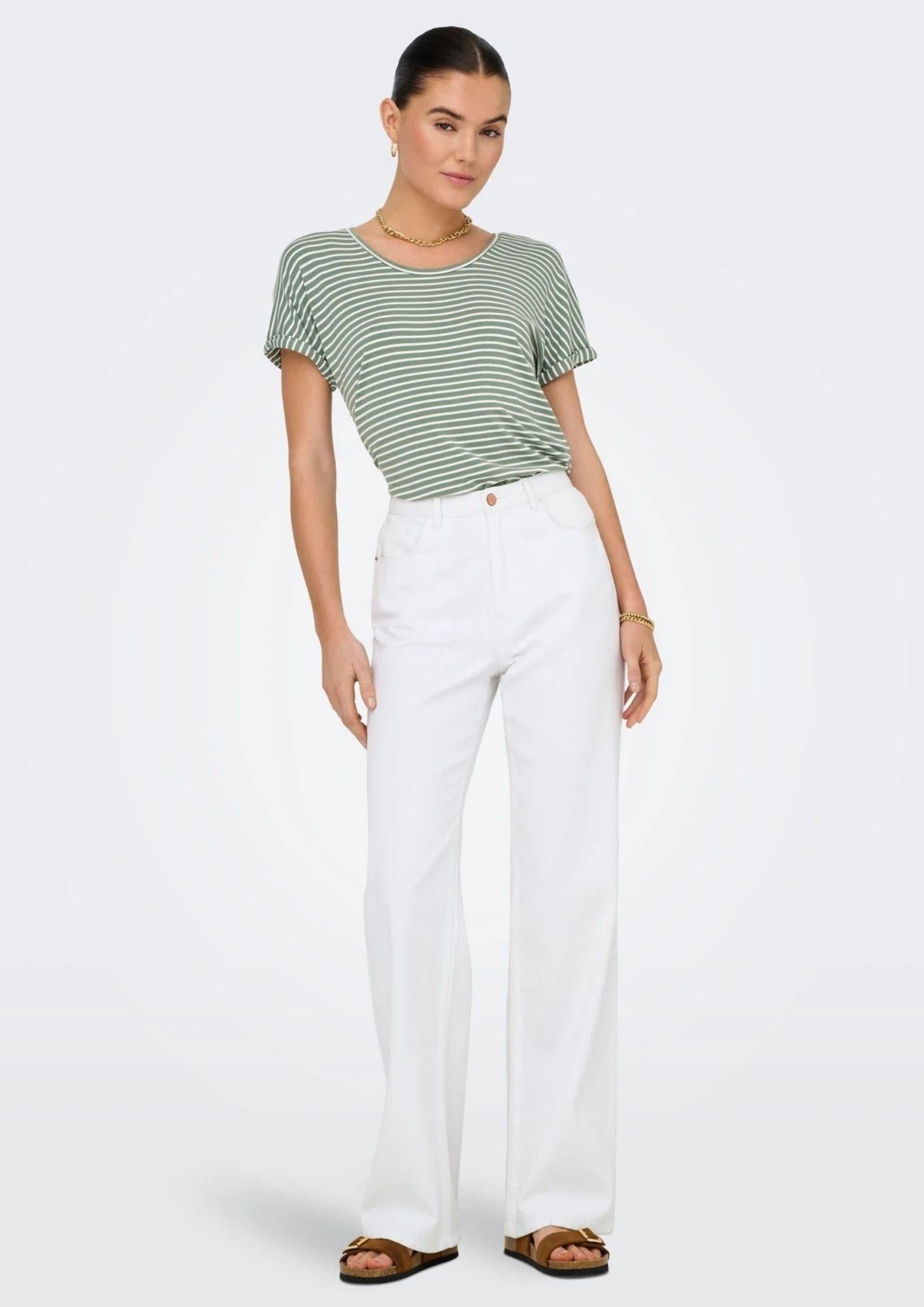 Jacqueline De Yong Top Donna Sissi Bianco e Verde 15325267 Sea Spray CLOUD DANCER JACQUELINE DE YONG