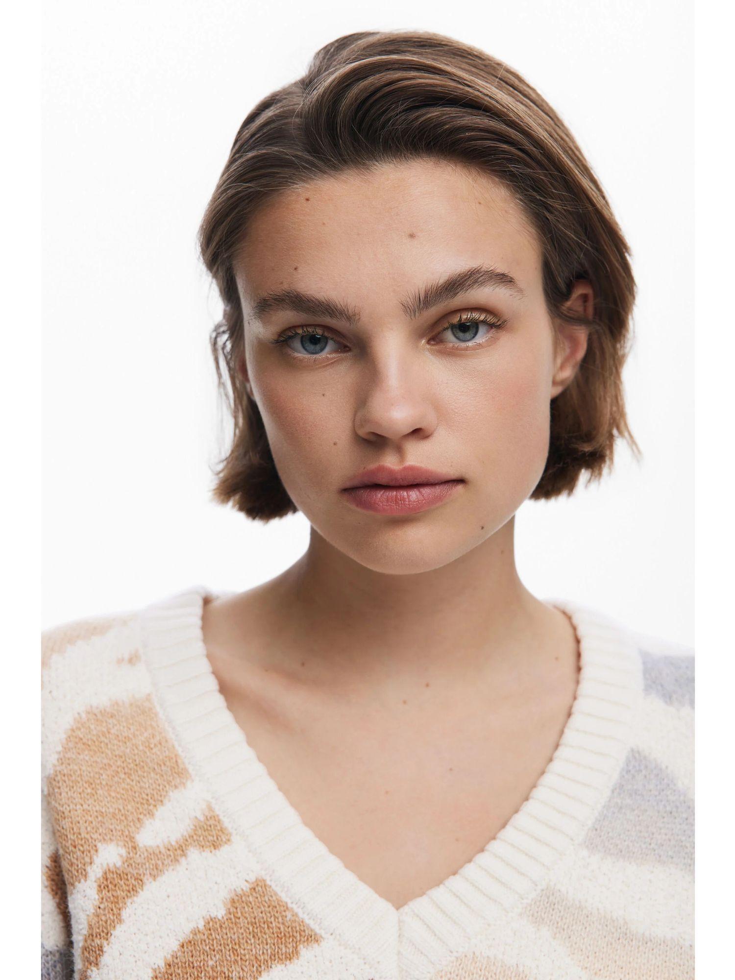 Desigual Maglione zebrato con scollo a V Donna Bianco 25WWJF21 1011 DESIGUAL