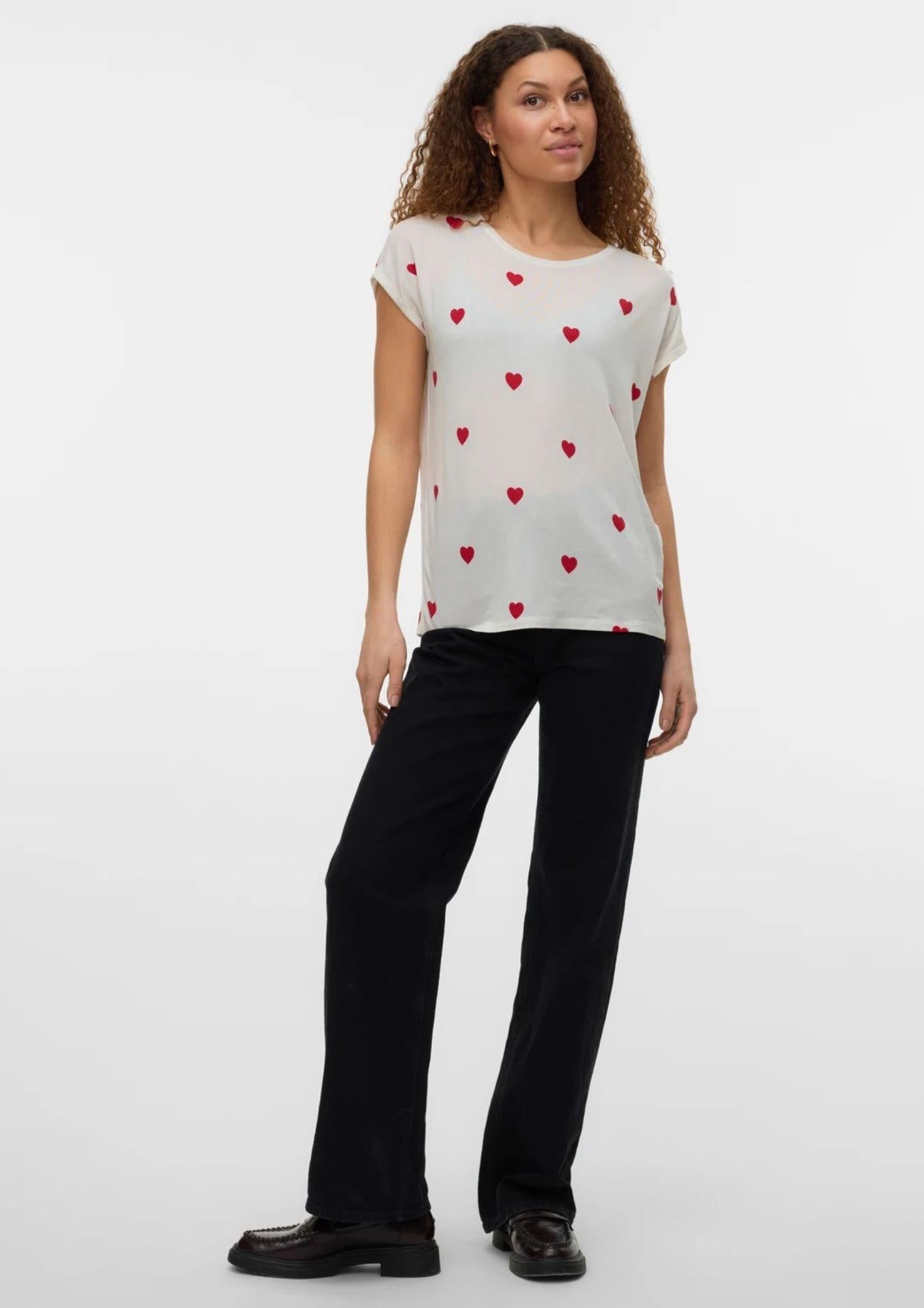 Vero Moda T-Shirt Donna Ava Bianca Cuori Rossi 10214302 Snow White RED SALSA VERO MODA