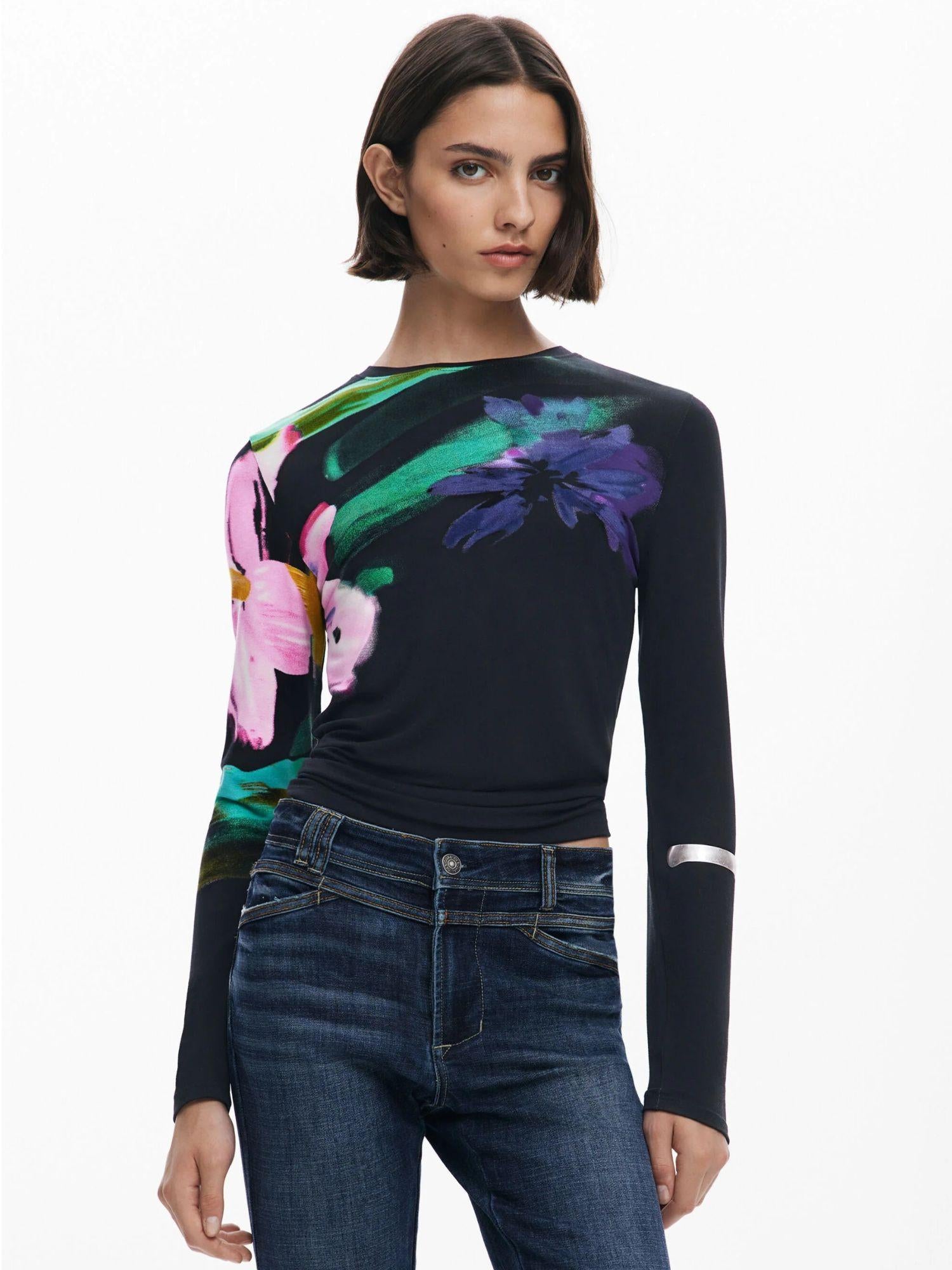Desigual Maglietta a maniche lunghe con fiori Donna Nero 25WWTK32 2000 DESIGUAL
