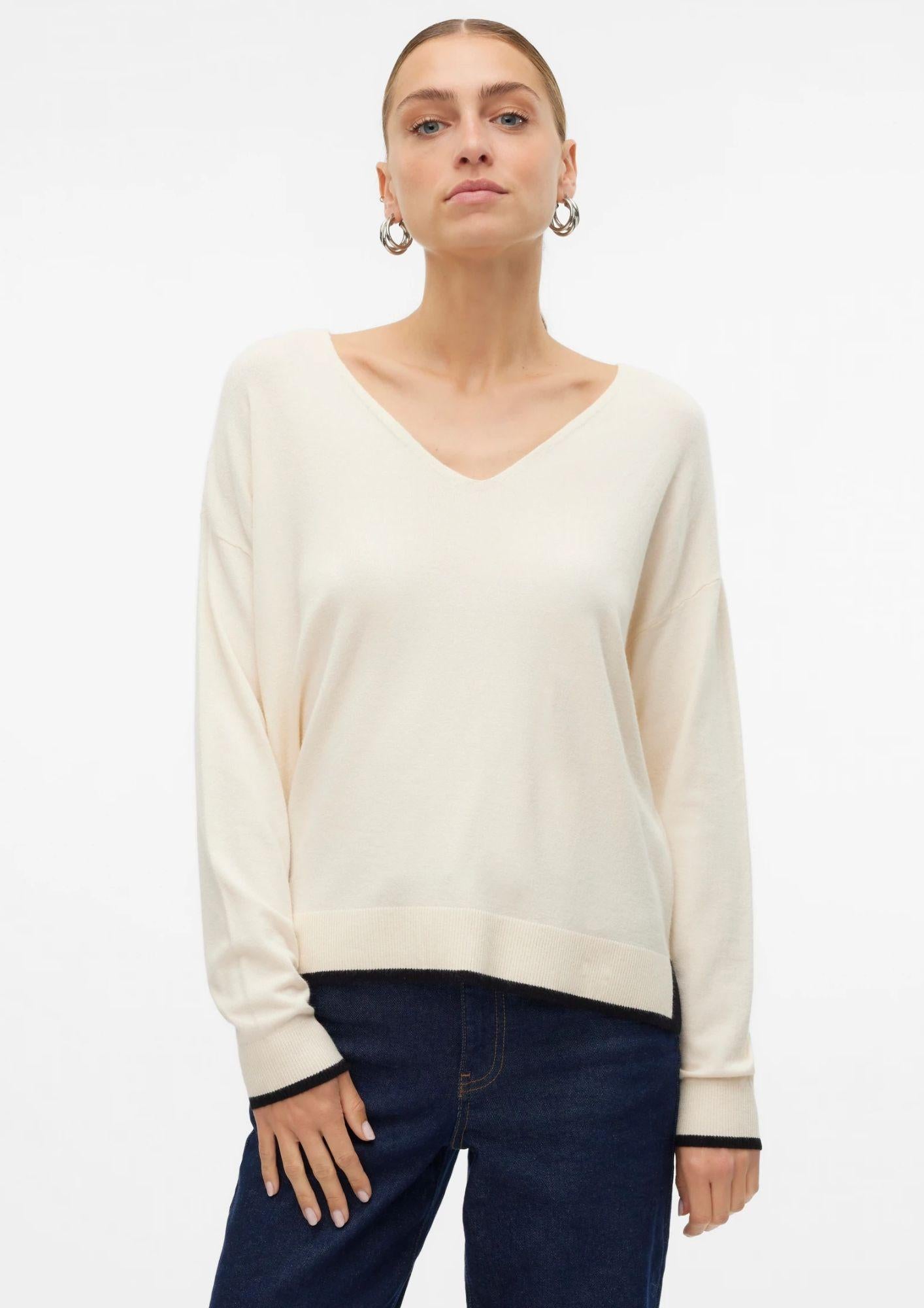 Vero Moda Maglione Donna Breeze Bianco Panna Con Dettagli Neri 10311090 Birch W. BLACK CONTRAST VERO MODA