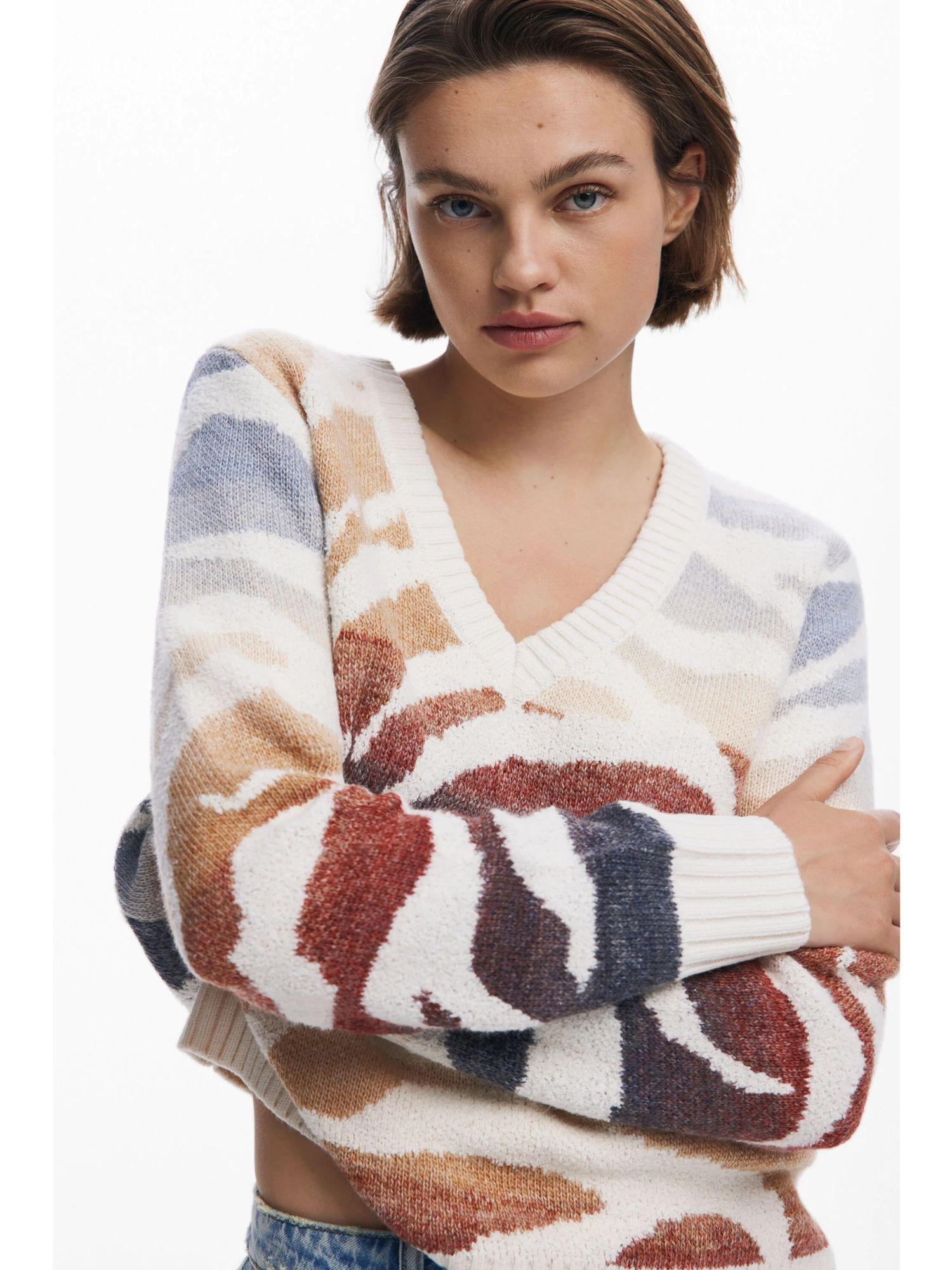 Desigual Maglione zebrato con scollo a V Donna Bianco 25WWJF21 1011 DESIGUAL