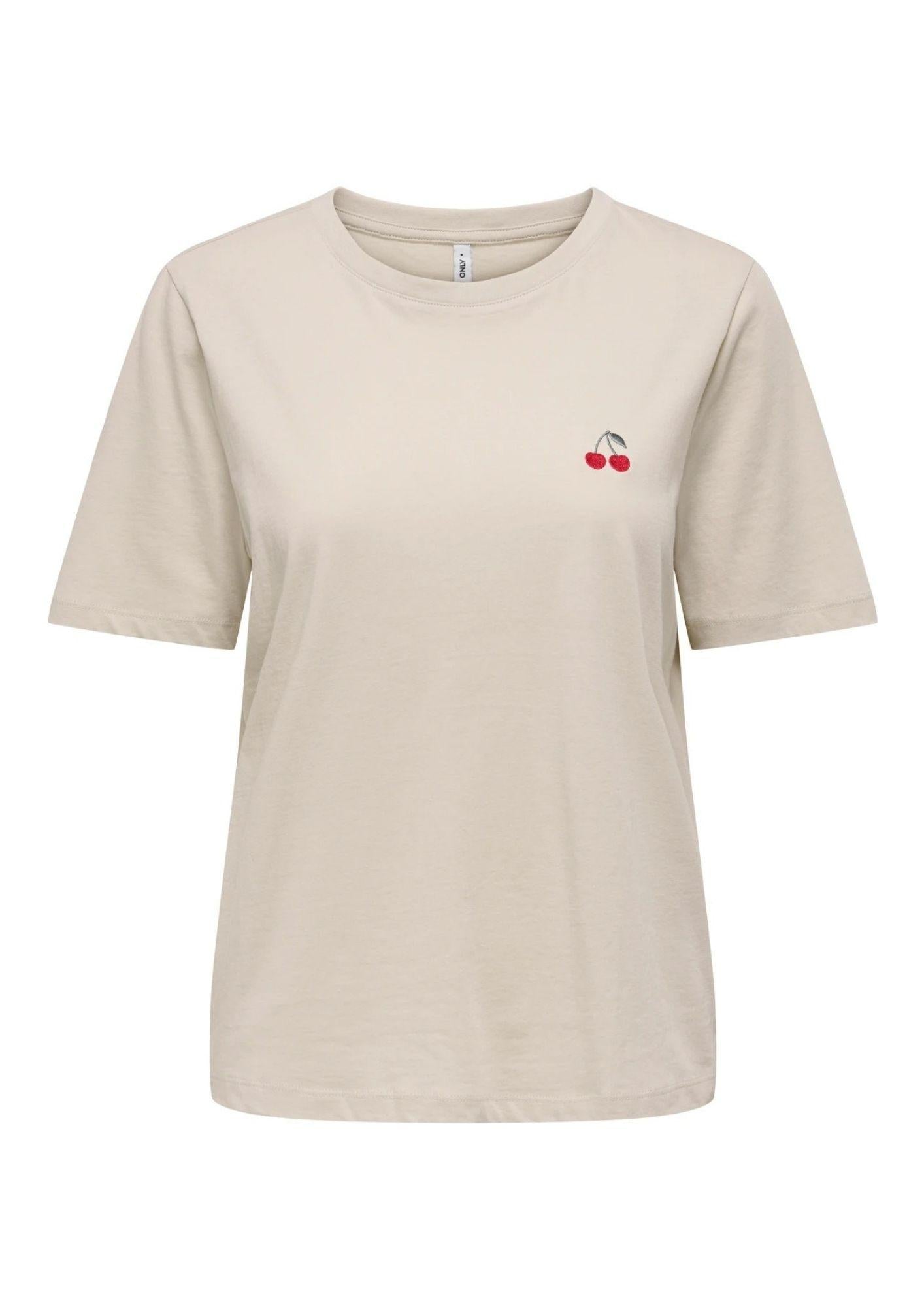 Only T-Shirt Donna Happy Grigio Avena 15370117 Oatmeal Cherry emb ONLY