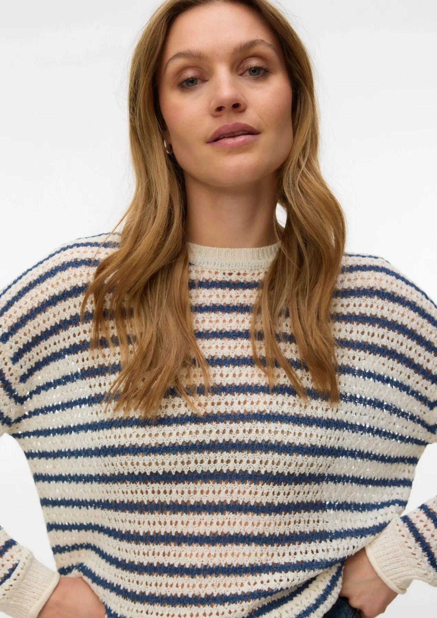 Vero Moda Pullover Donna Charlene Grigio Betulla Righe Blu 10340125 Birch DARK DENIM VERO MODA