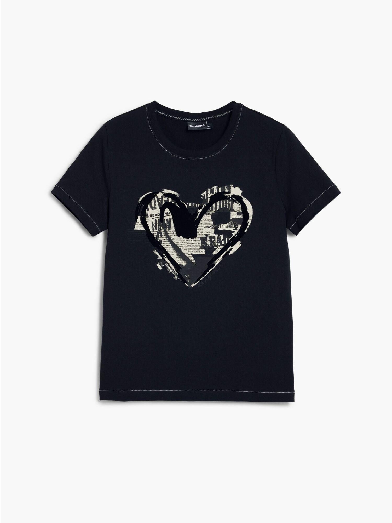 Desigual Maglietta cuore giornale Donna Nero 25WWTK04 2000 DESIGUAL
