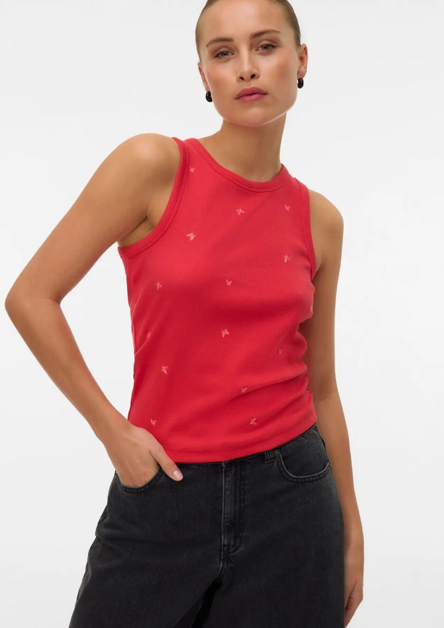 Vero Moda Top Donna Naja Rosso con Stampa Butterfly 10341964 Poinsettia BUTTERFLY VERO MODA