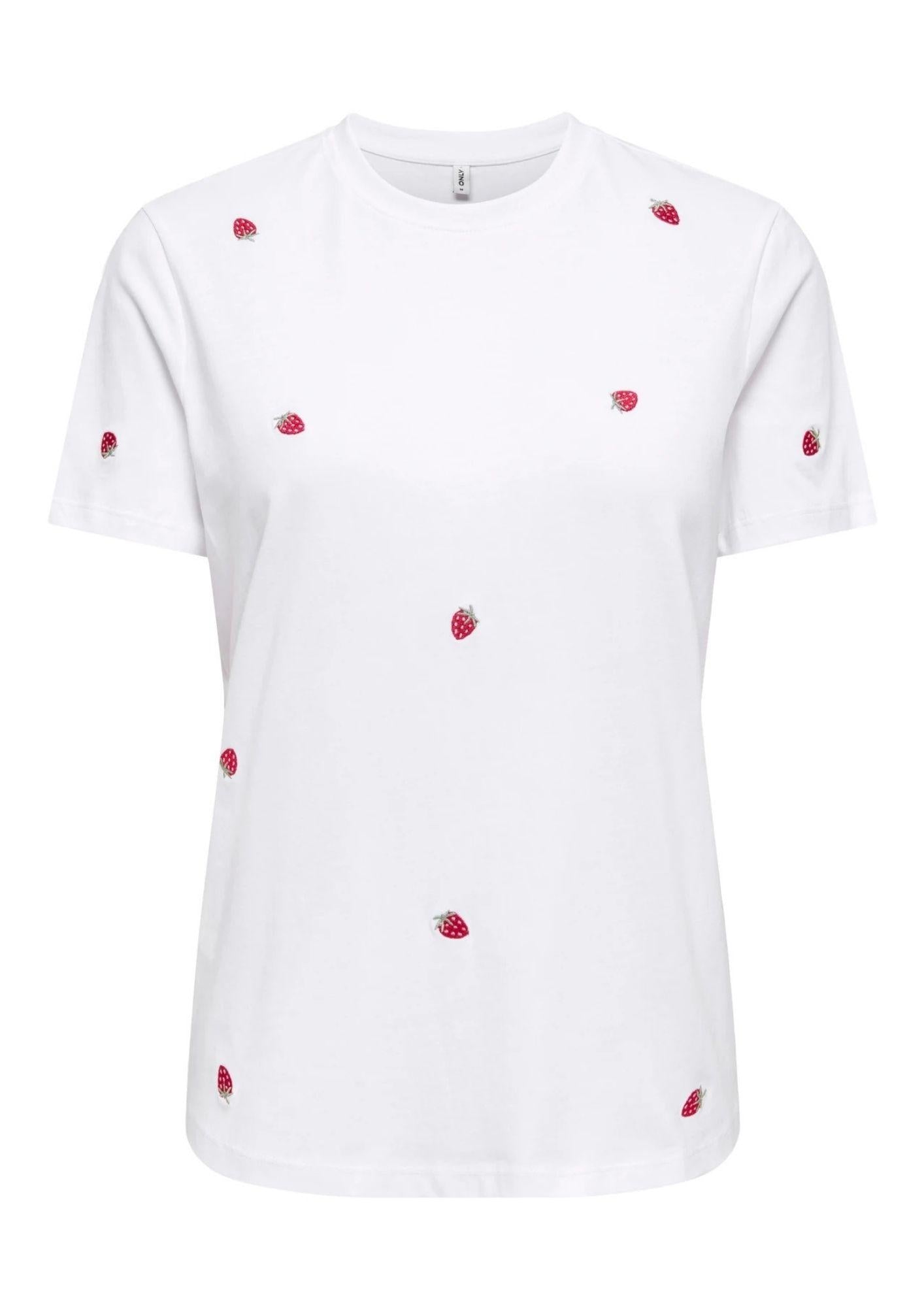 Only T-Shirt Donna Ketty Bianca con Fragole 15288473 Bright White Strawberry ONLY