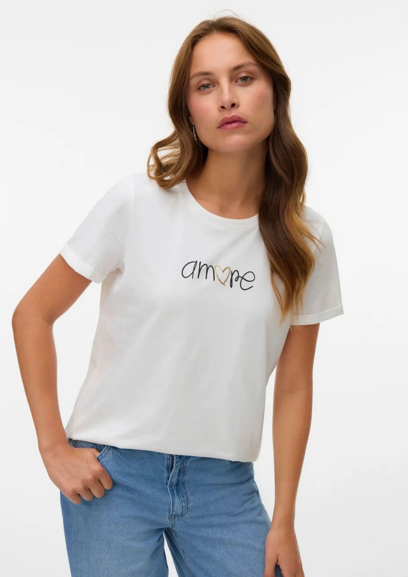 Vero Moda Top Donna Ikami Bianco con Stampa Amore 10340181 Snow White AMORE VERO MODA