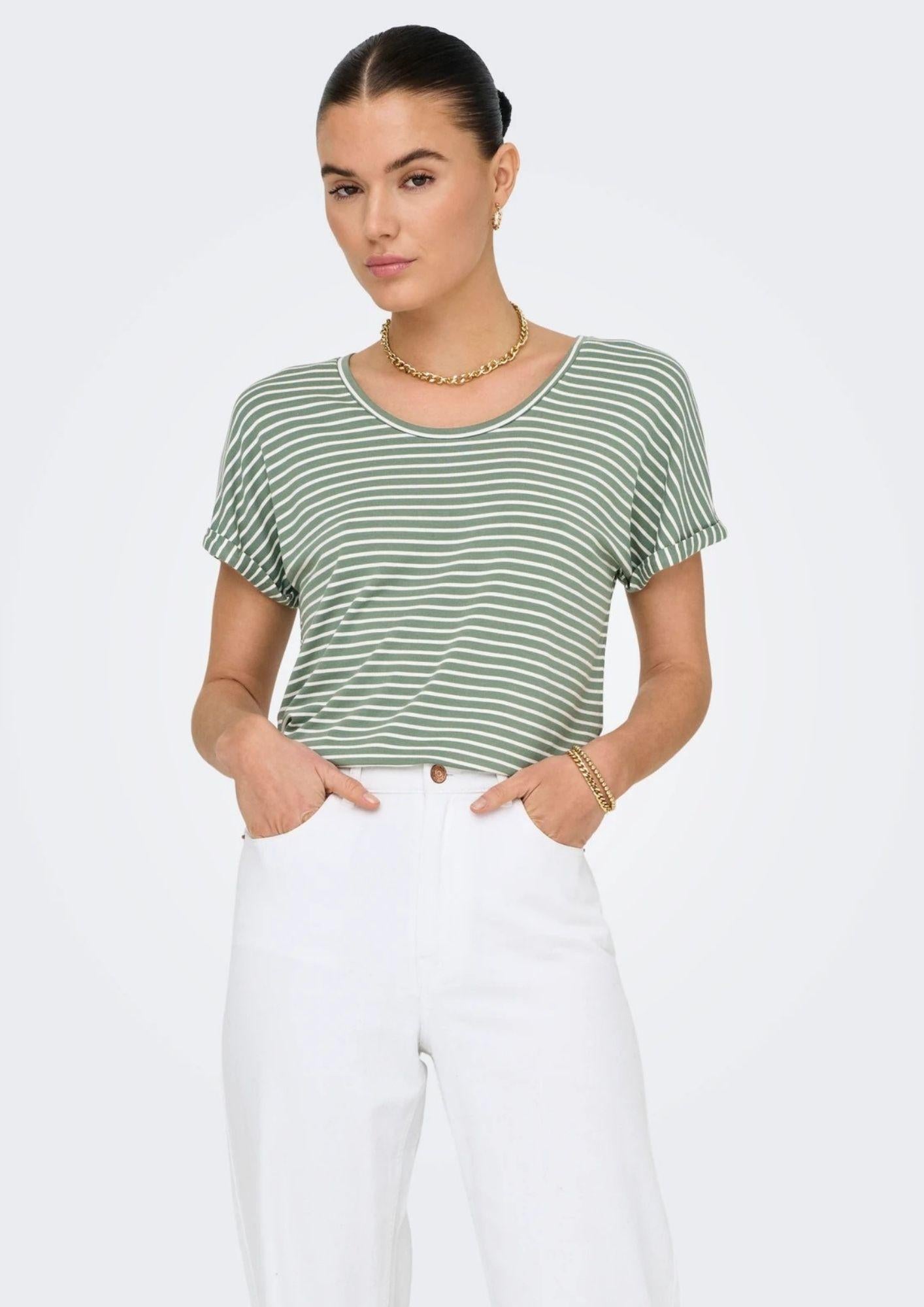 Jacqueline De Yong Top Donna Sissi Bianco e Verde 15325267 Sea Spray CLOUD DANCER JACQUELINE DE YONG