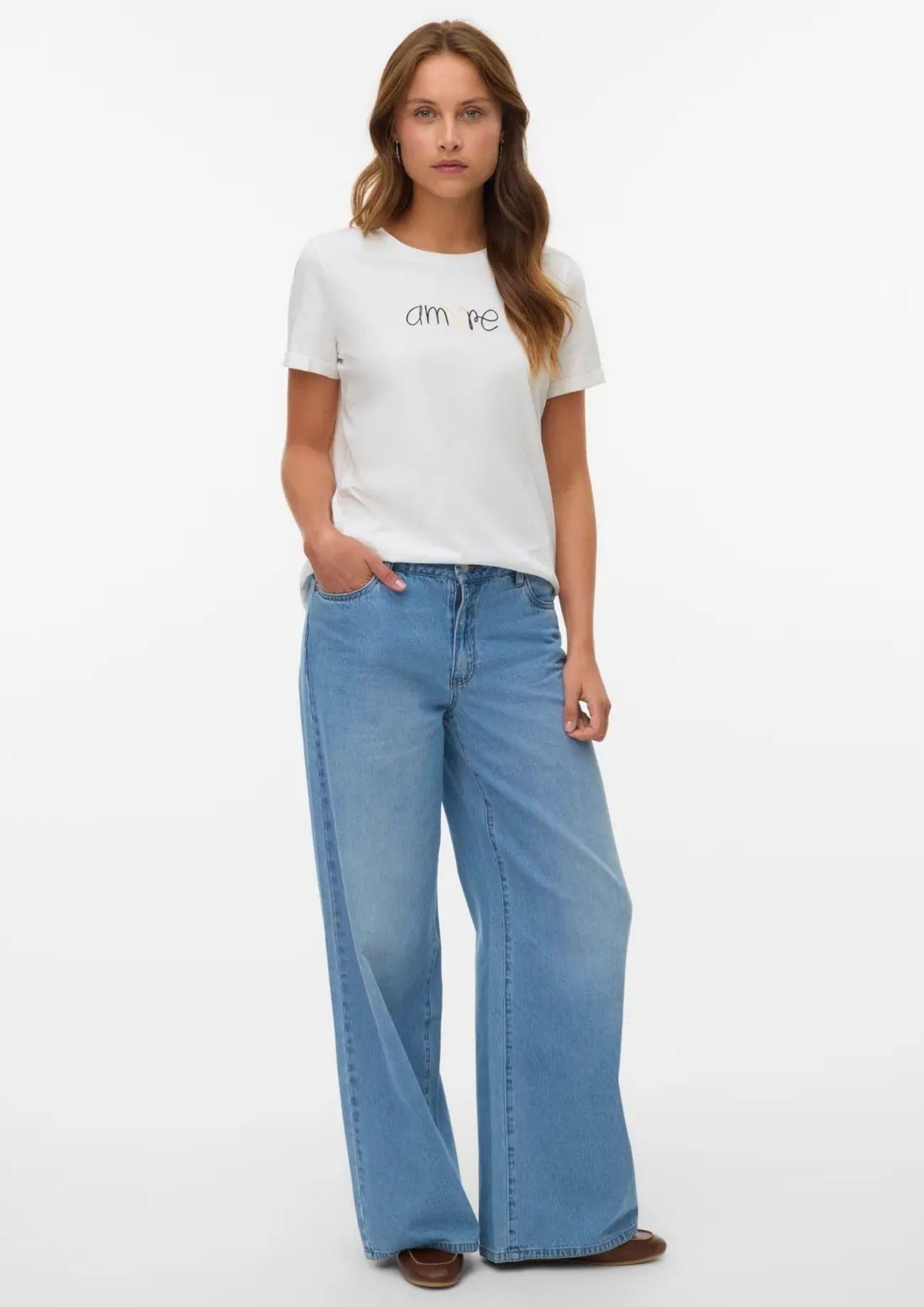 Vero Moda Top Donna Ikami Bianco con Stampa Amore 10340181 Snow White AMORE VERO MODA