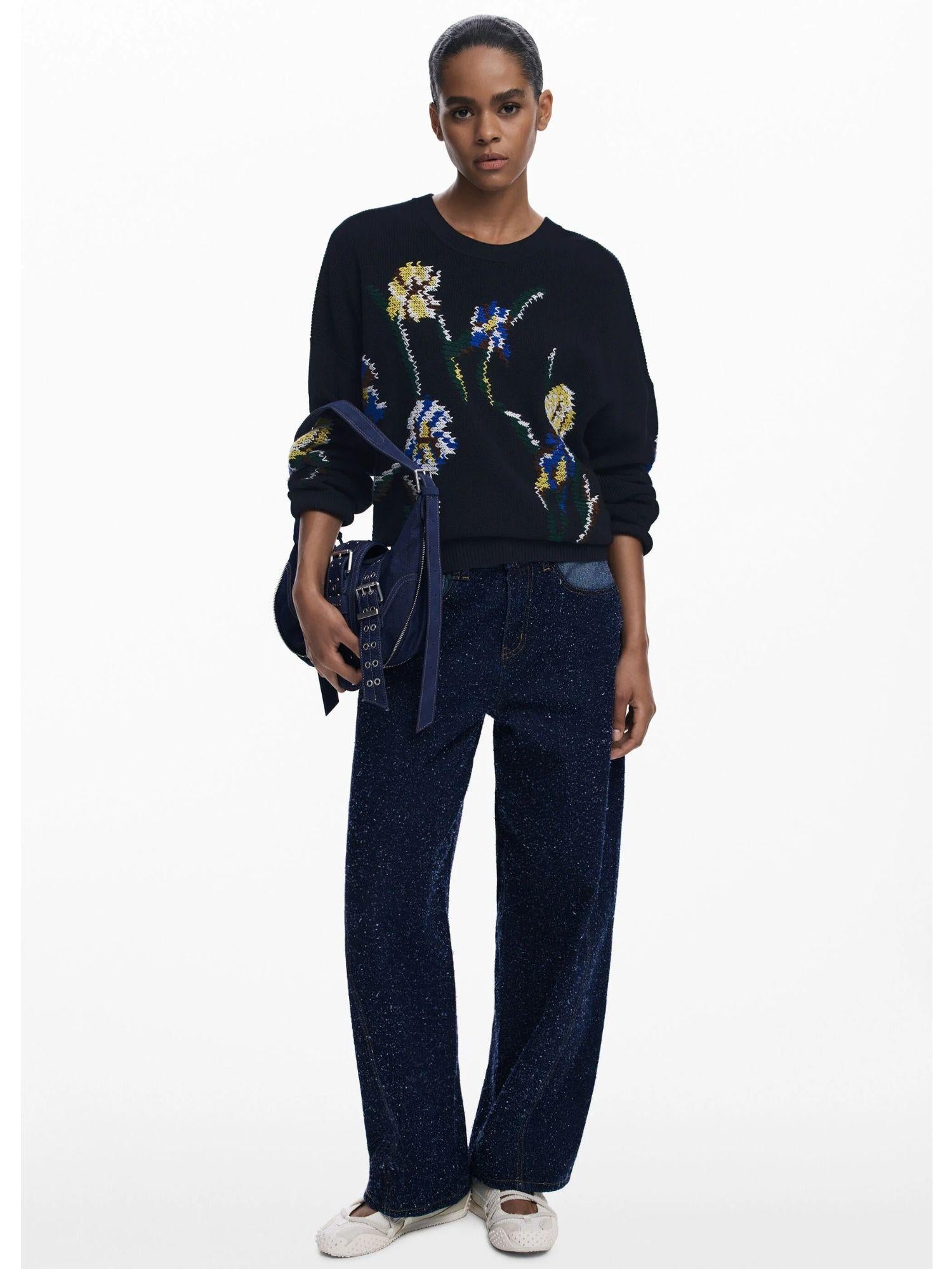 Desigual Maglione jacquard con fiori ricamati Donna Nero 25WWJF36 2000 DESIGUAL