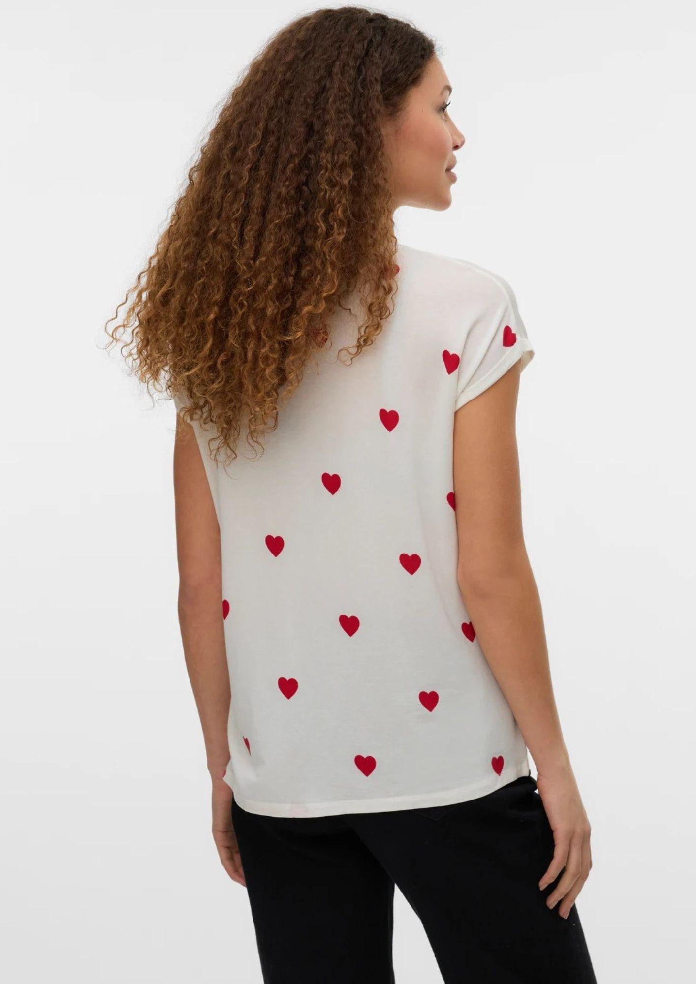Vero Moda T-Shirt Donna Ava Bianca Cuori Rossi 10214302 Snow White RED SALSA VERO MODA