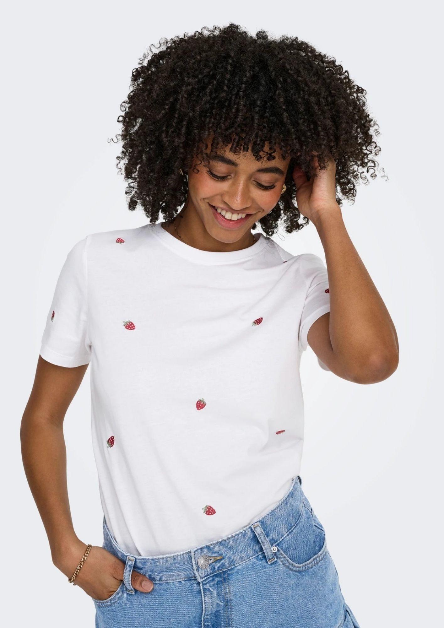 Only T-Shirt Donna Ketty Bianca con Fragole 15288473 Bright White Strawberry ONLY